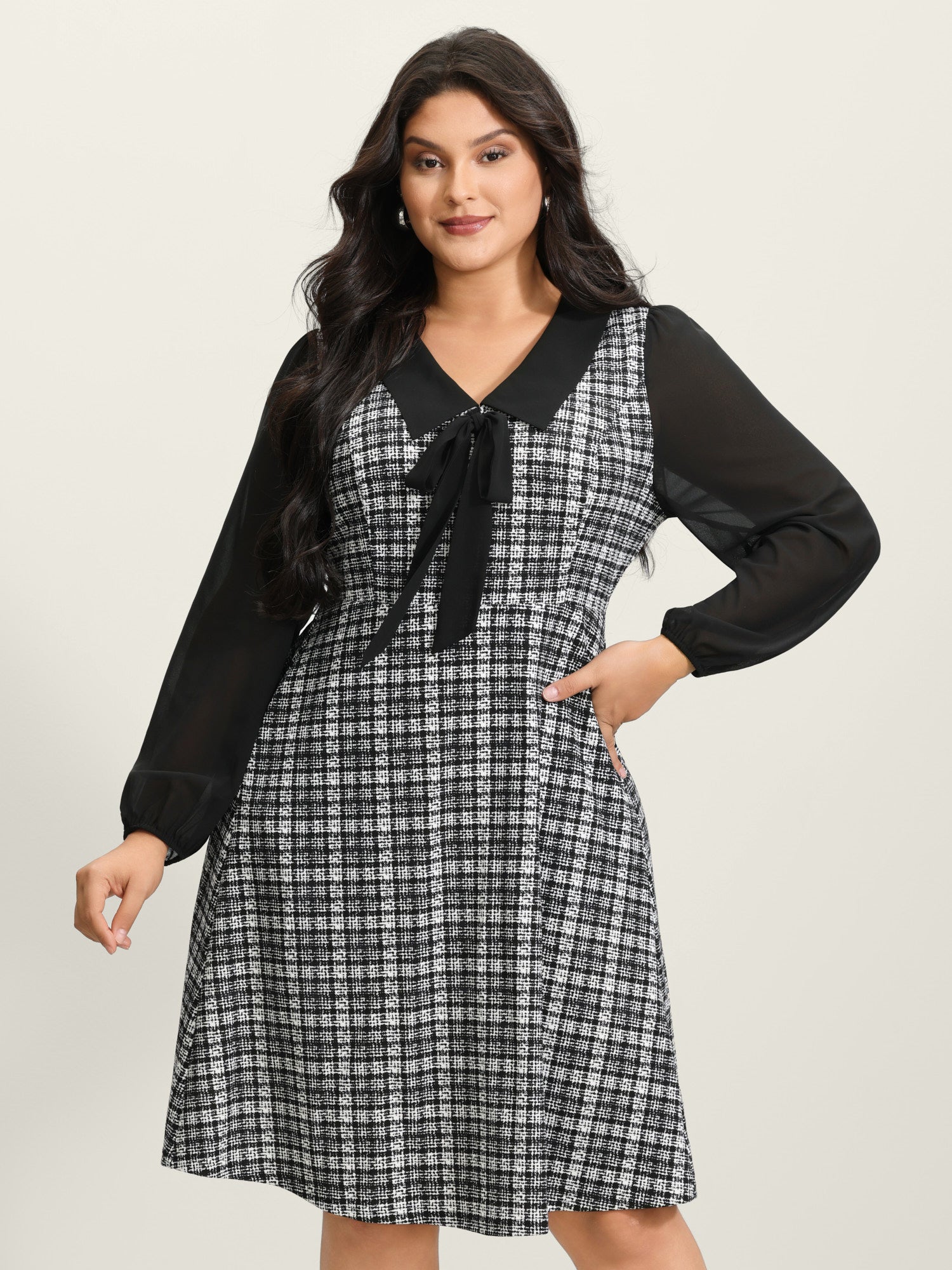Plaid Stretchy Print Bow-Tie Midi Dress