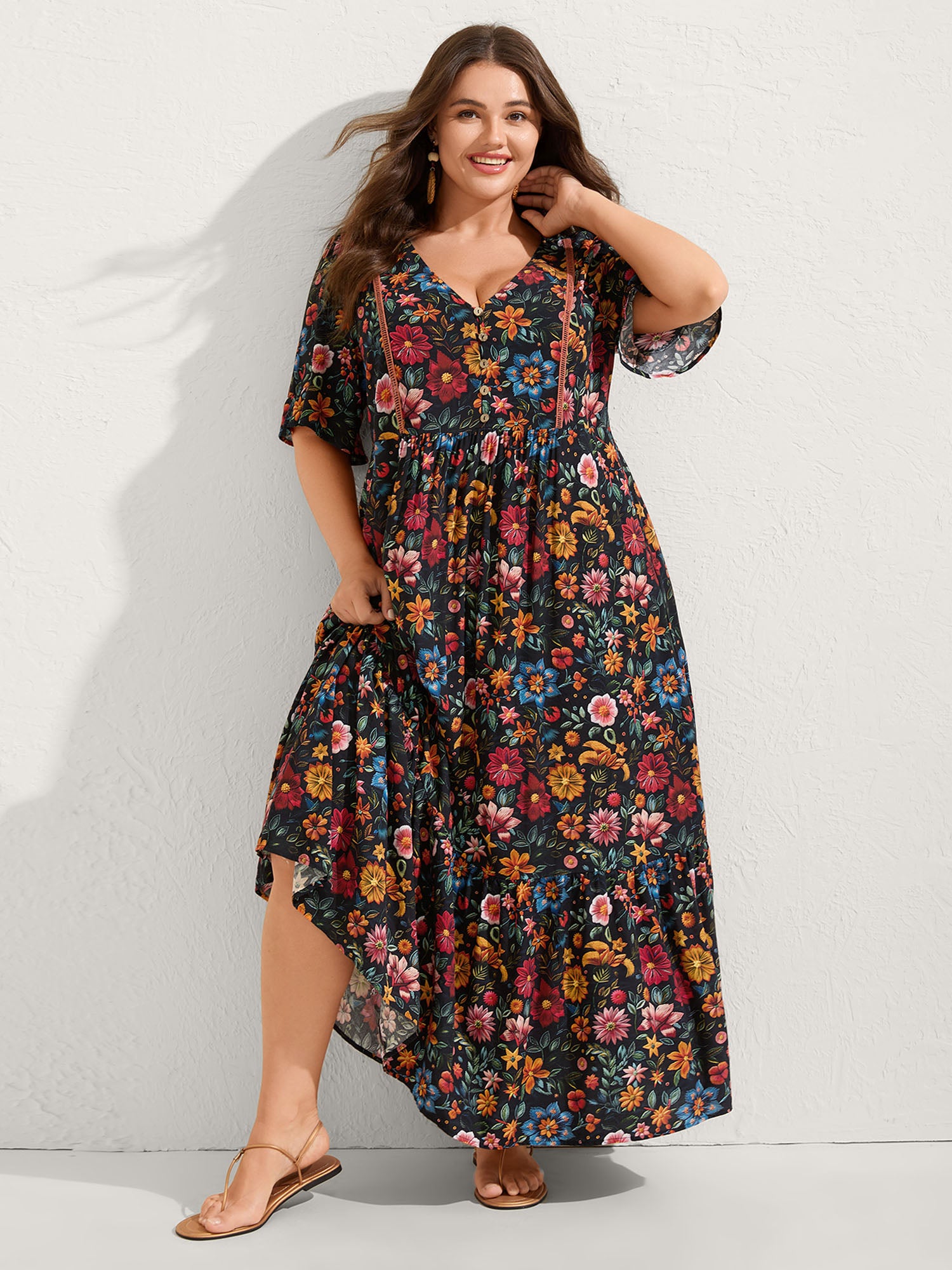 Rayon Floral Lace Trim Button Maxi Dress