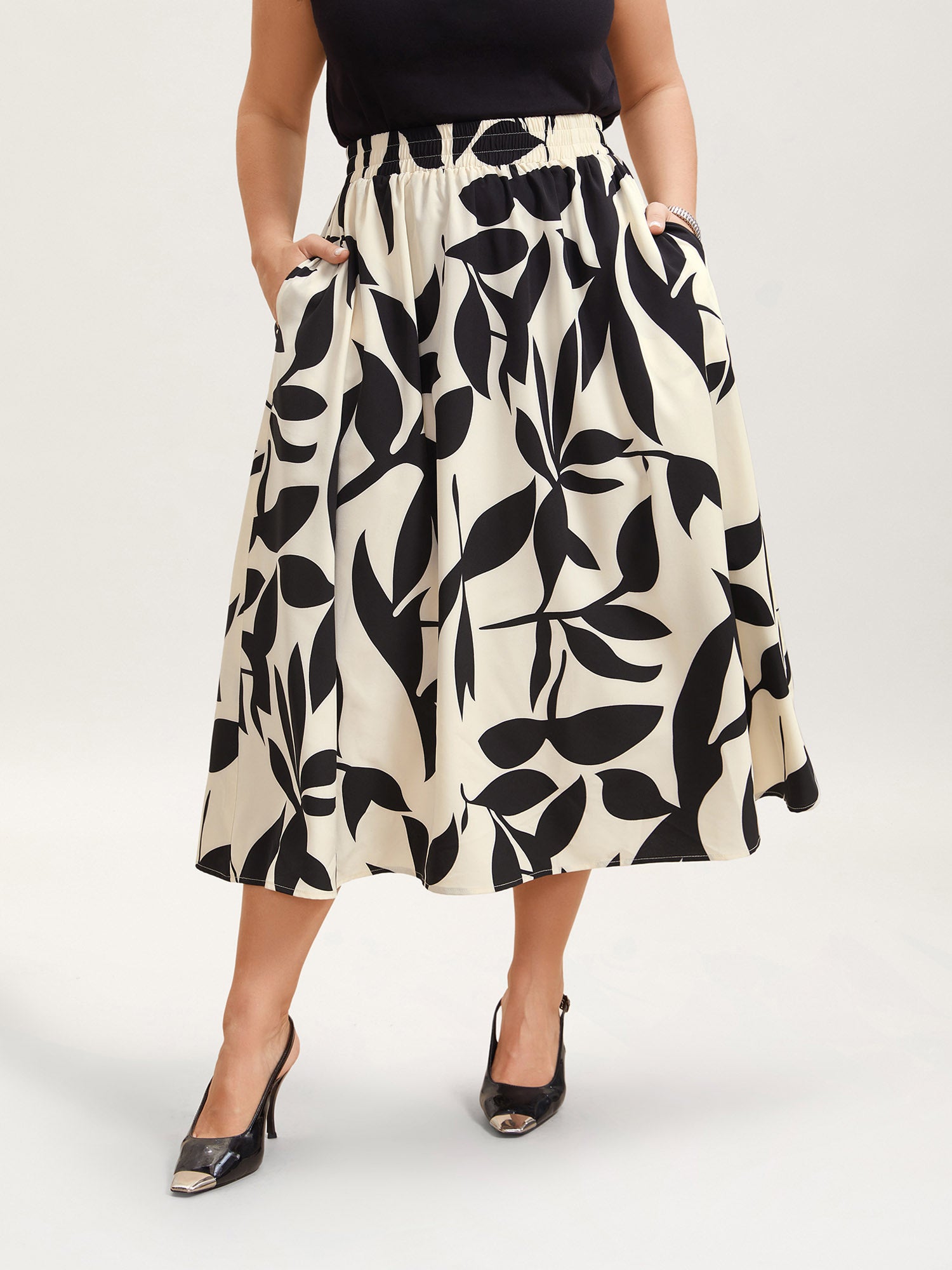 Leaf Print Stretchy-Waist Midi Skirt