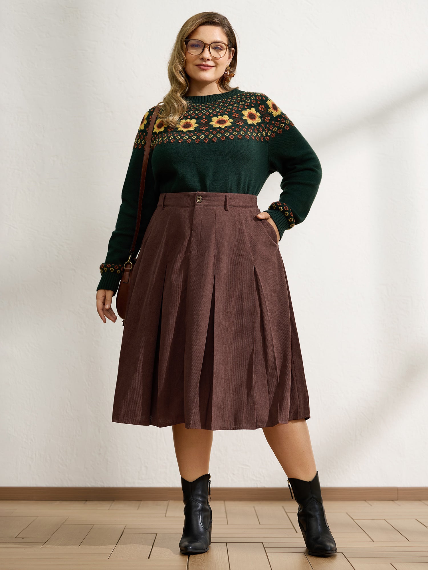 Pleated Waist-Defining Midi Skirt