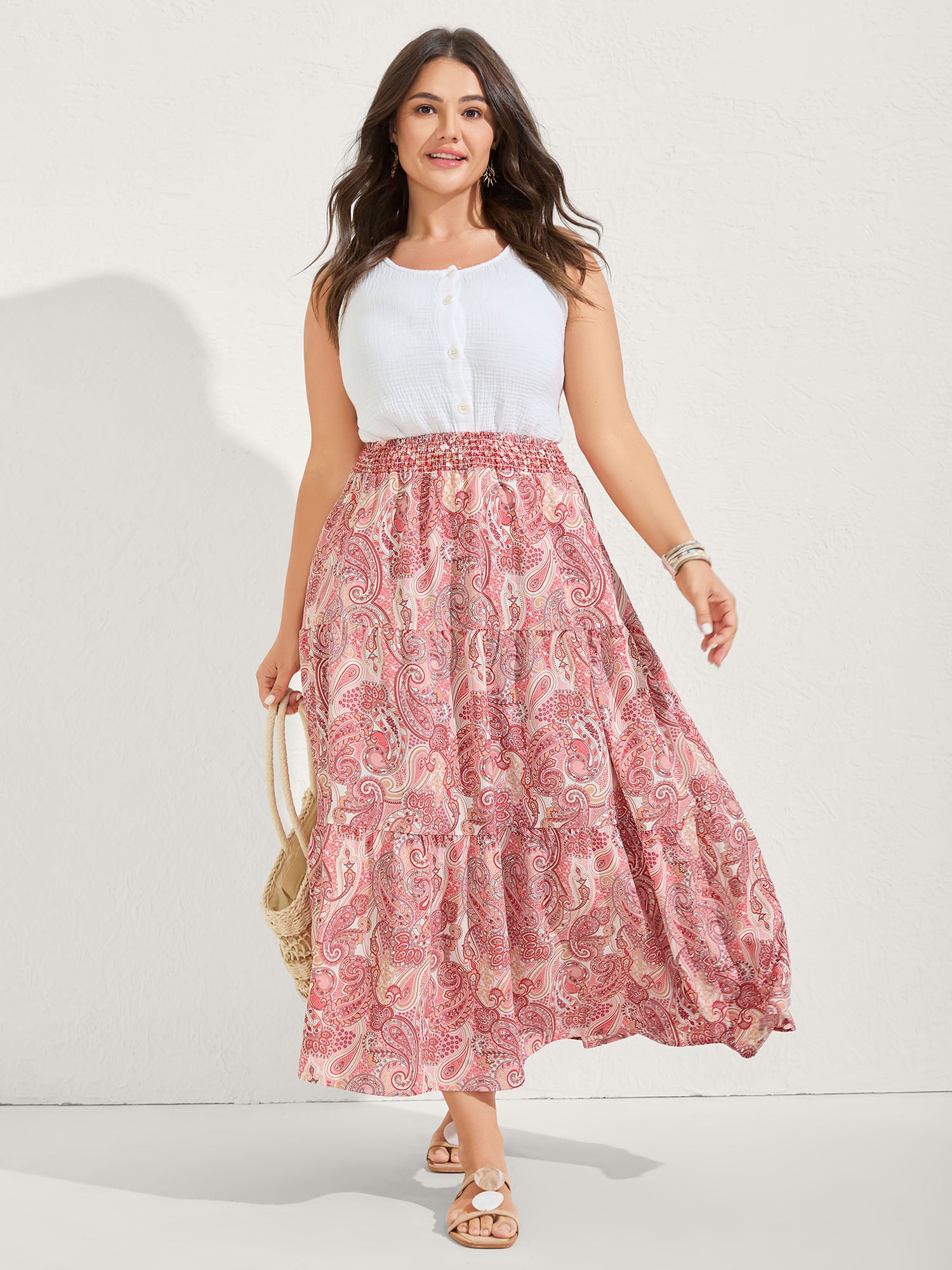Paisley Print Shirred Waist Midi Skirt