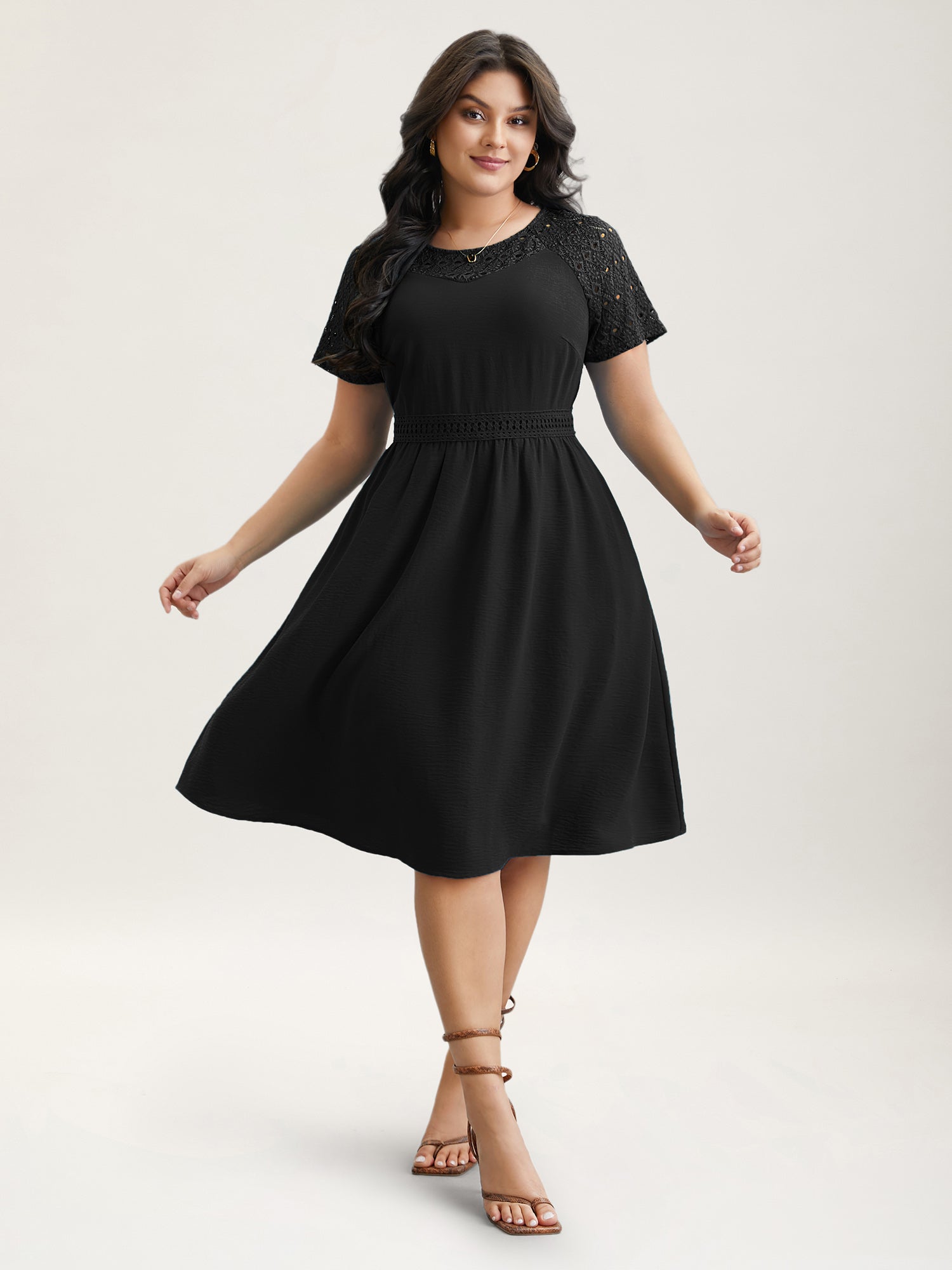 Lace Cut-Out Raglan Sleeve Pockets Midi Dress