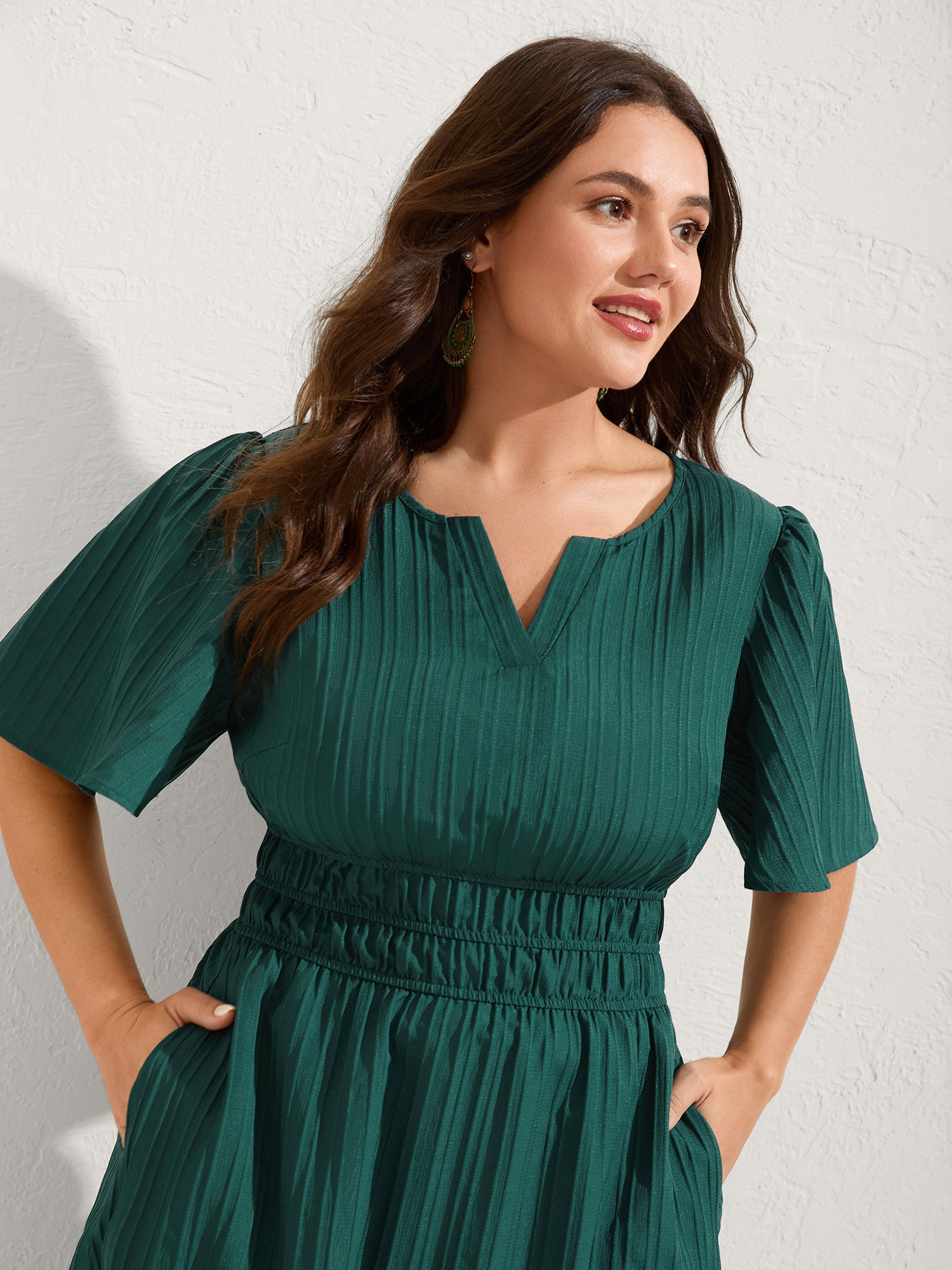 Textured Shirred Cinched Waist Midi Dress