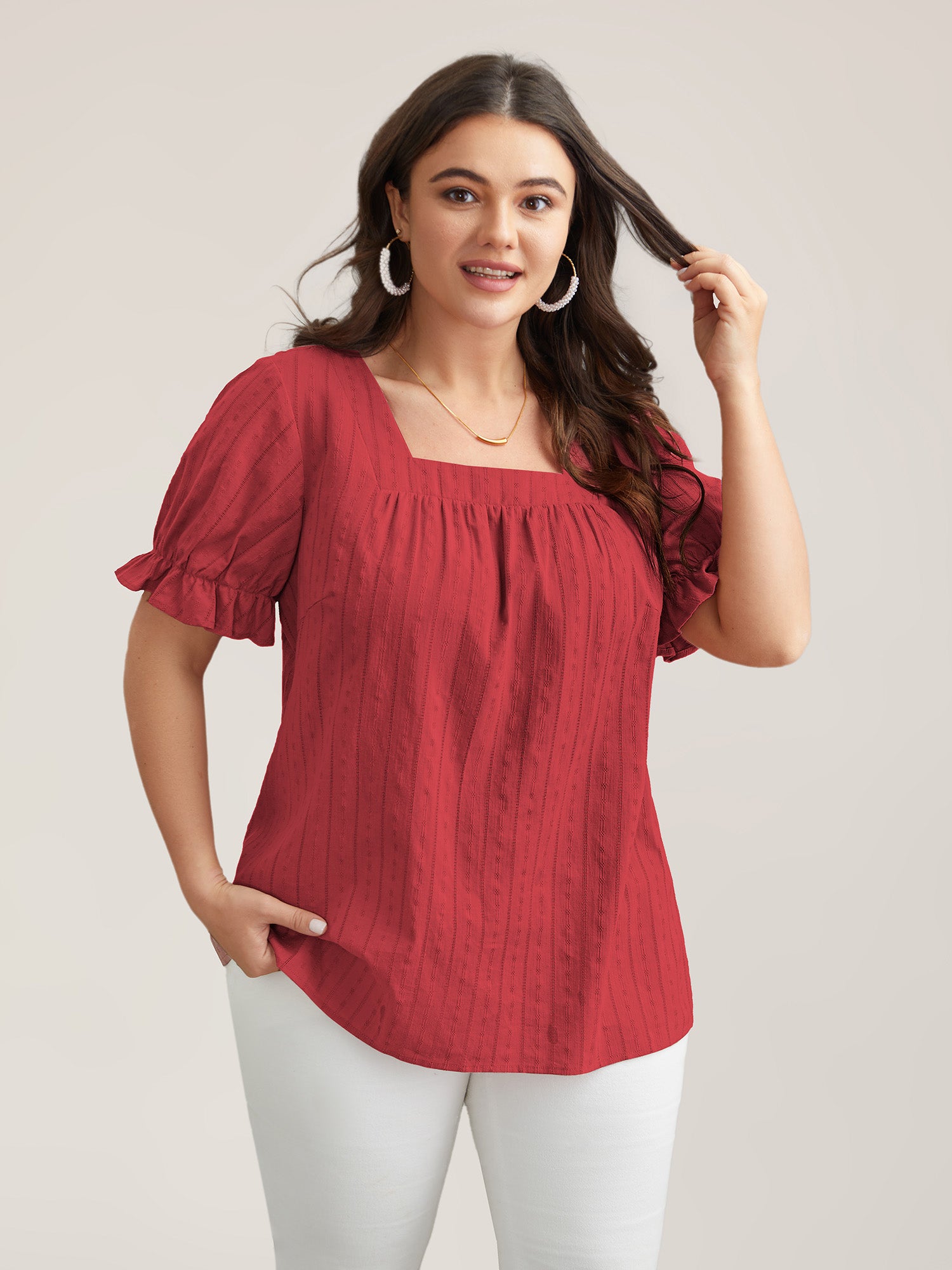Cotton Square Neck Ruffled Sleeve Shirt