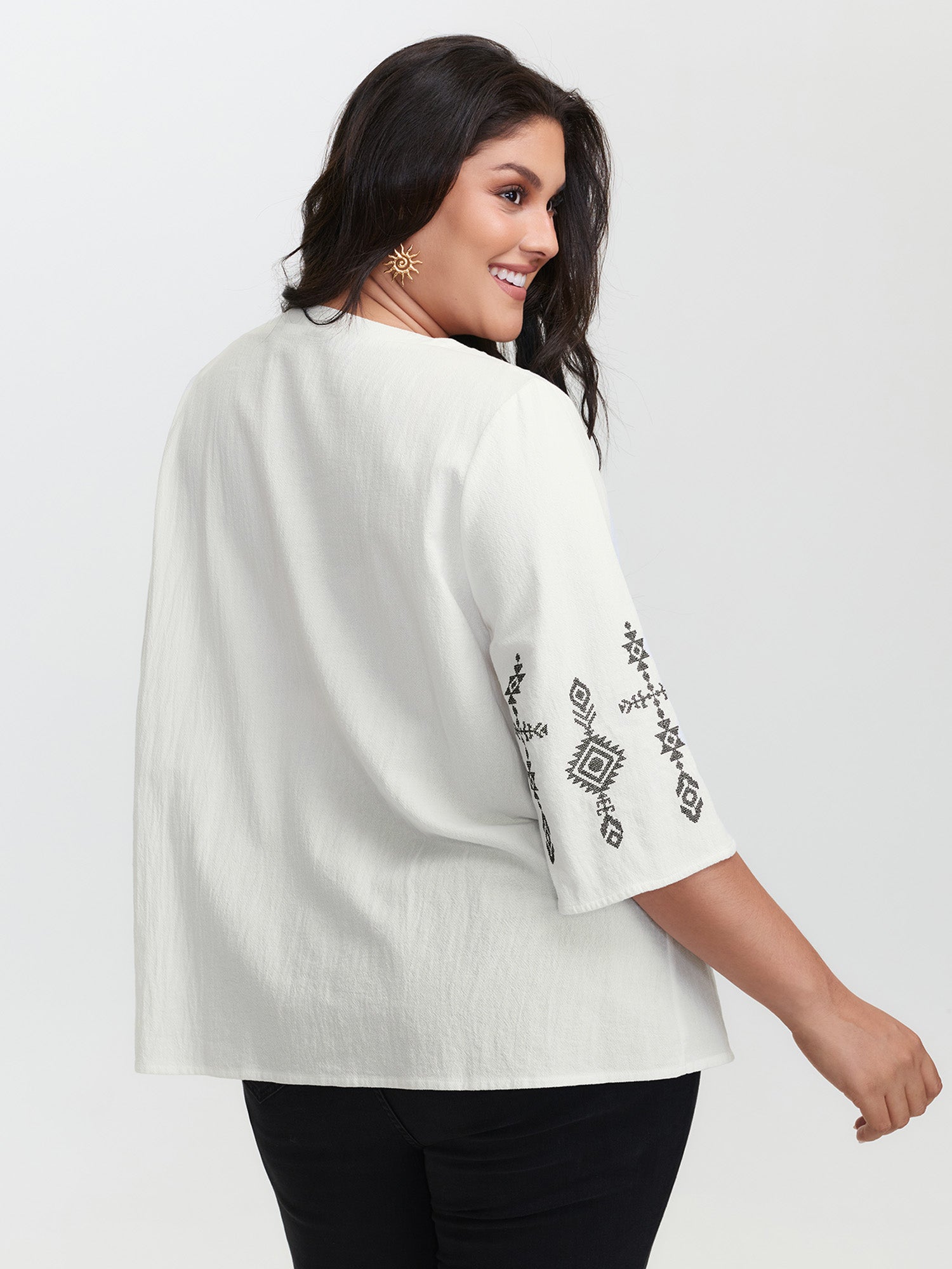 Cotton Boho Embroidery V-Neck Blouse