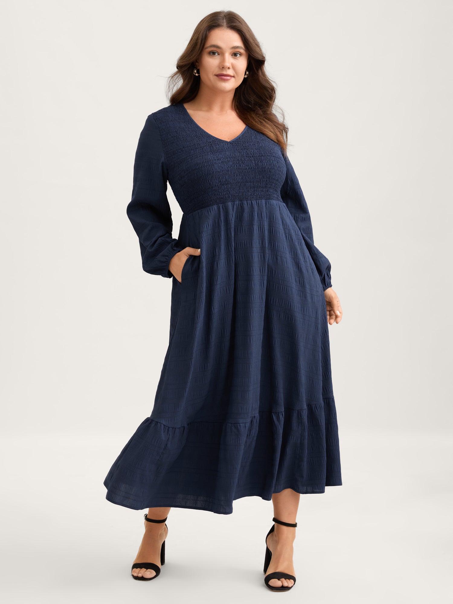 Solid Shirred Plisse Flutter Hem Dress