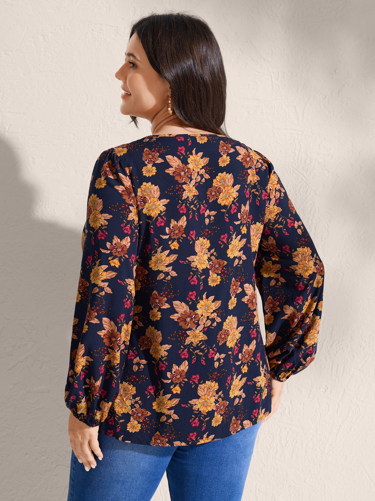 Fall Florals Lace Trim Flowy Blouse