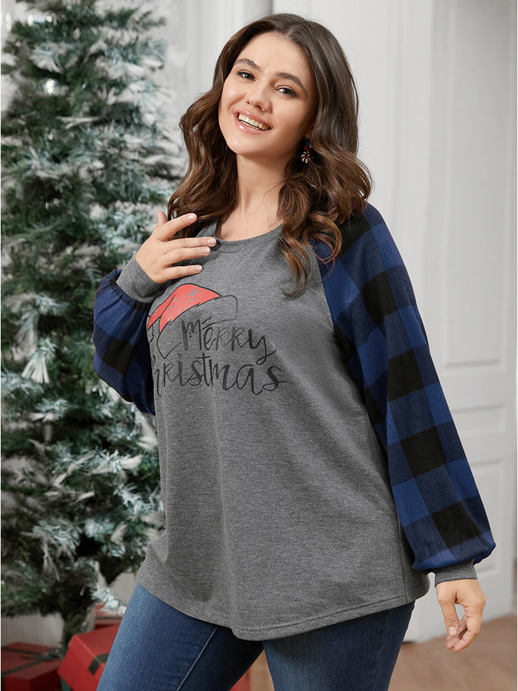 Letter Print Round Neck Plaid Long Tee