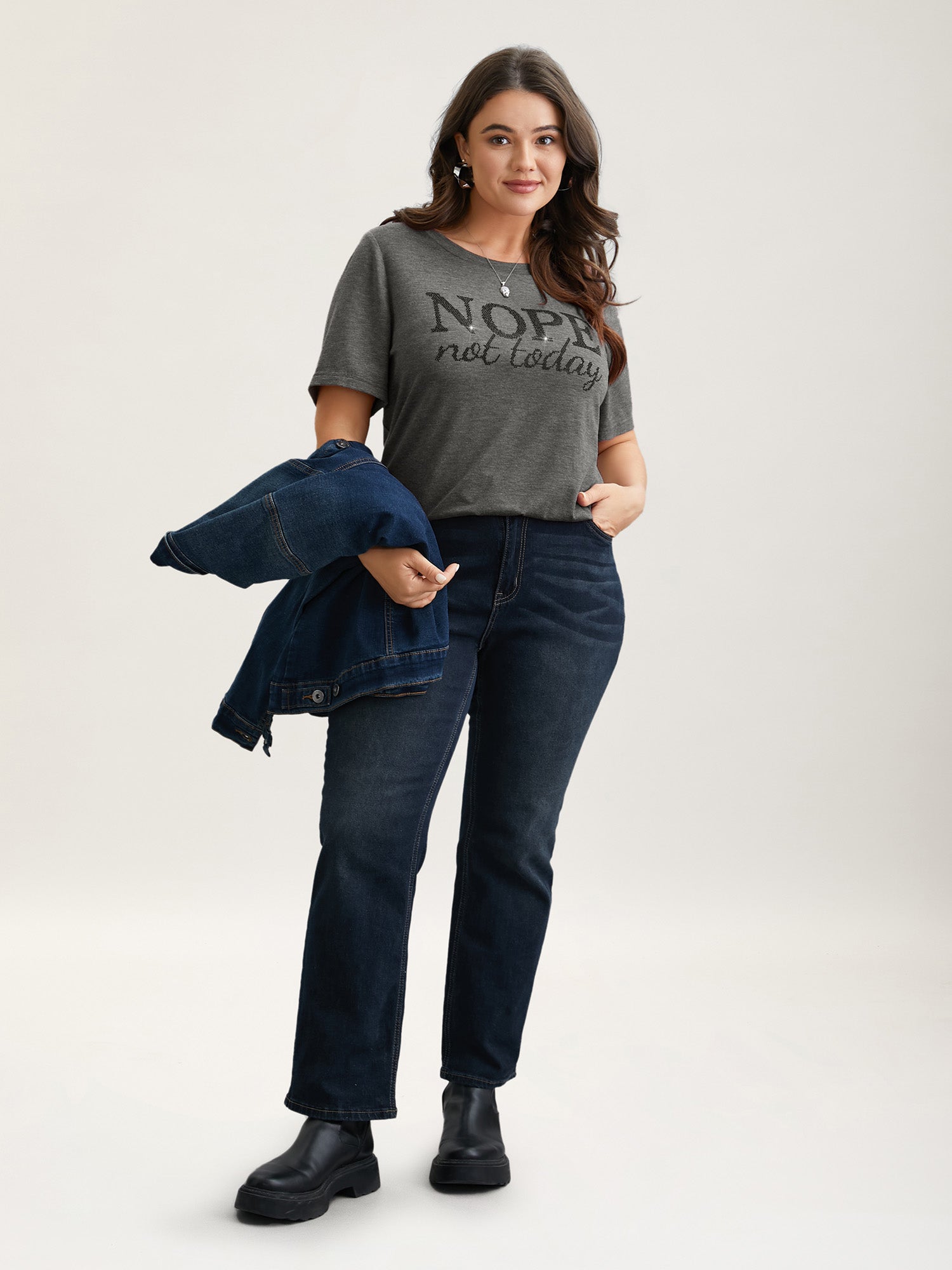 Nope Not Today Print Rhinestone Round Neck T-Shirt