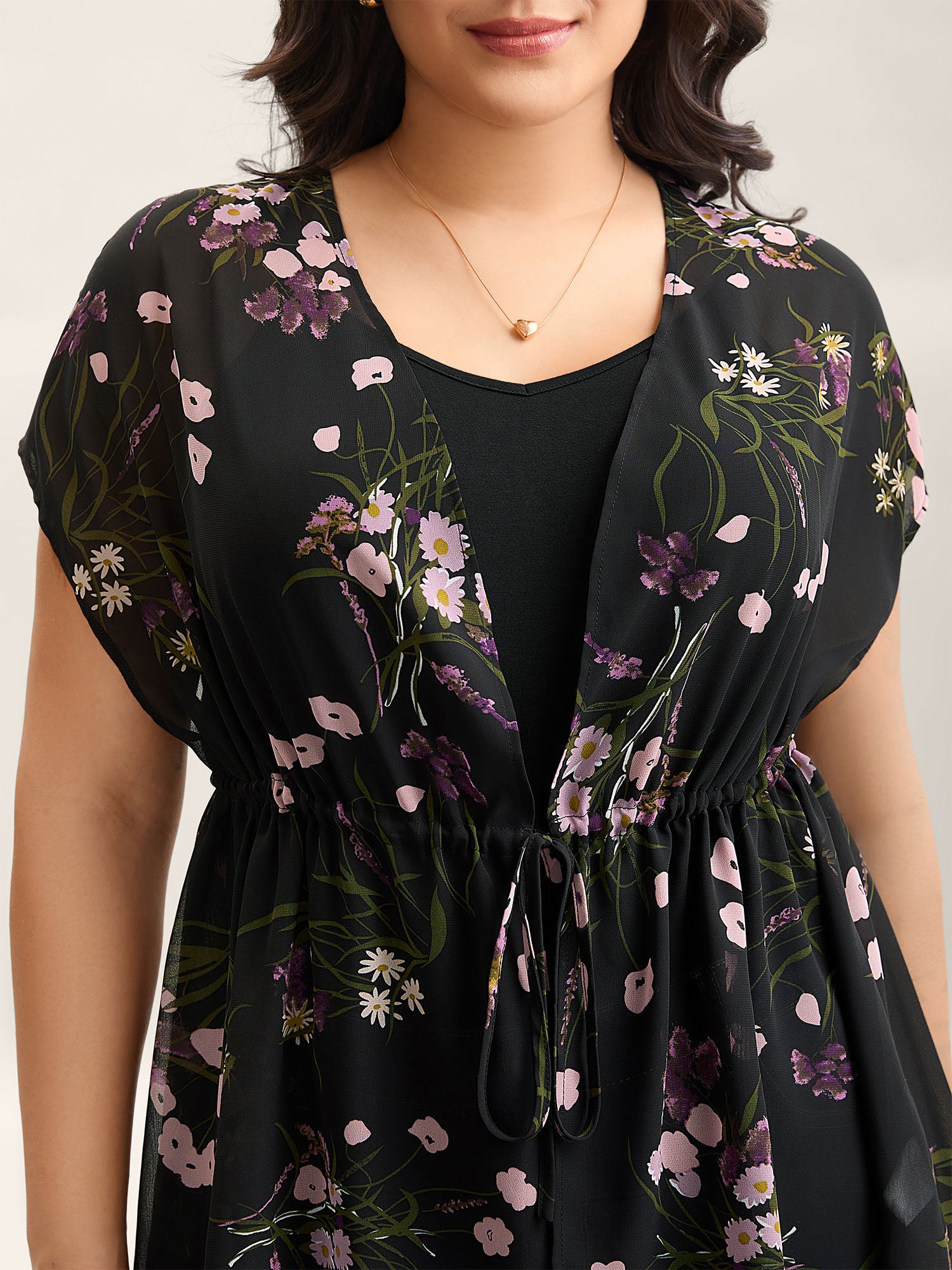 Floral Print Waist-Tie Mini Kimono