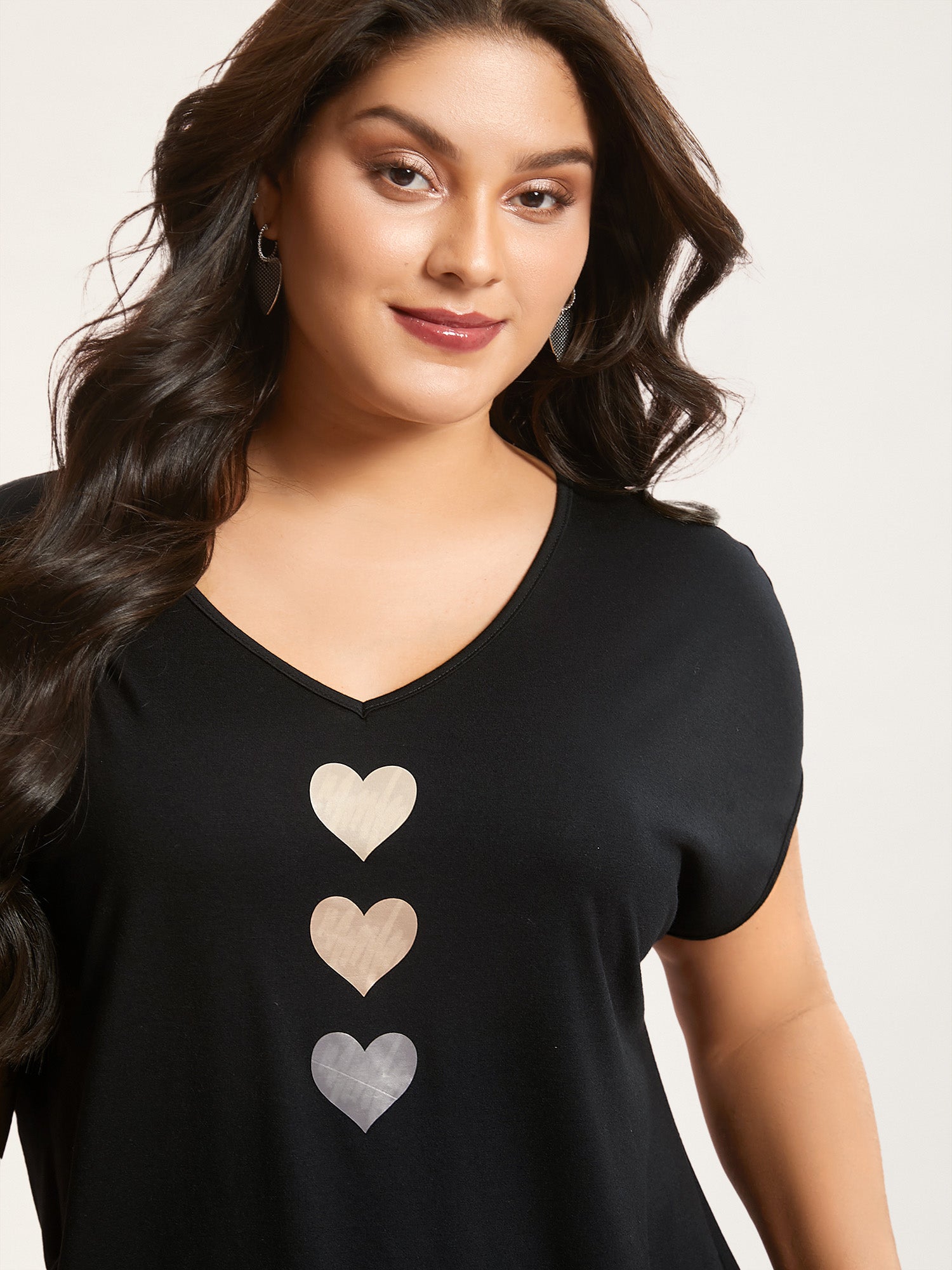 Heart Print Stretchy Dolman Sleeve T-Shirt