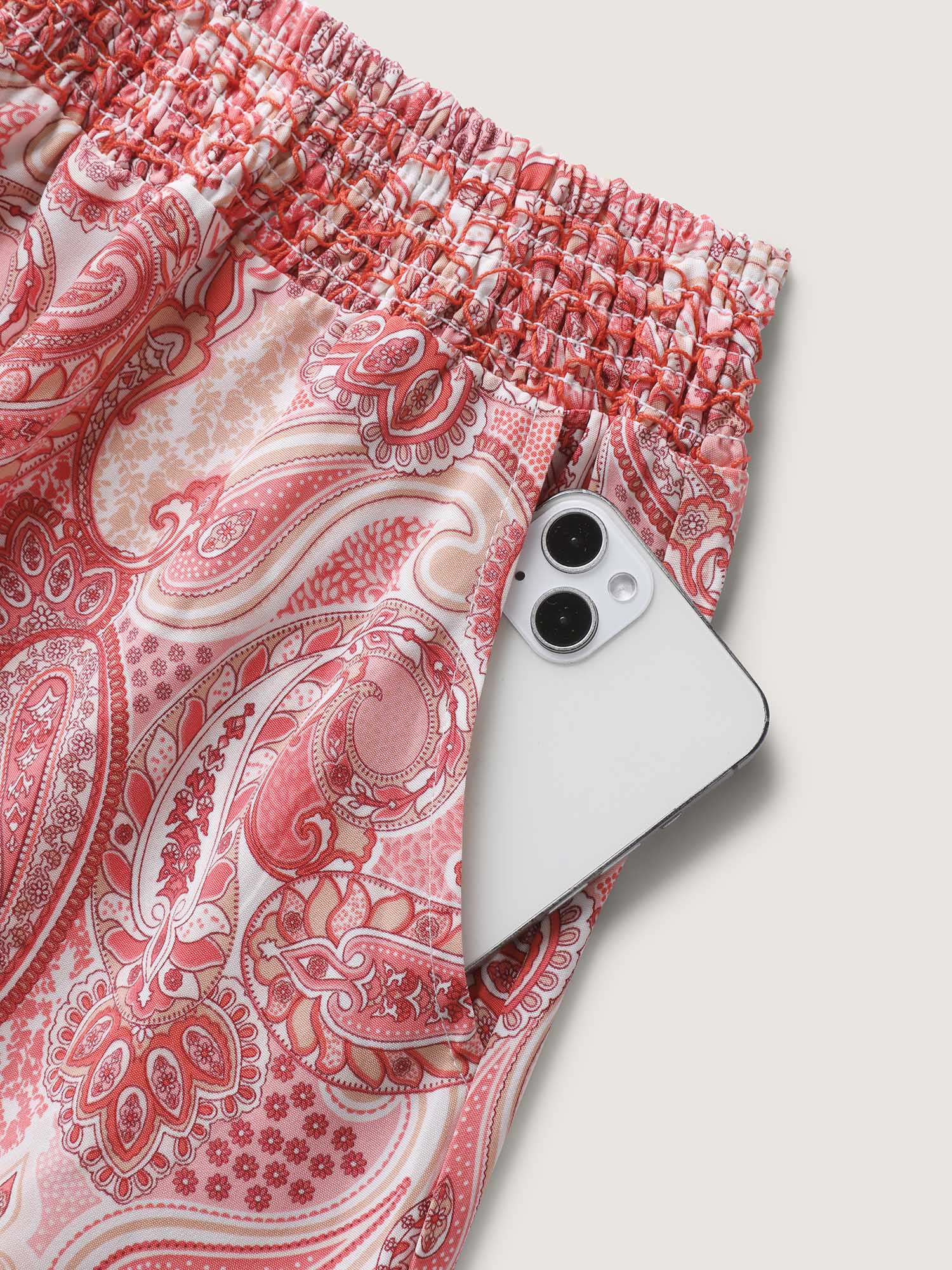 Paisley Print Shirred Waist Midi Skirt