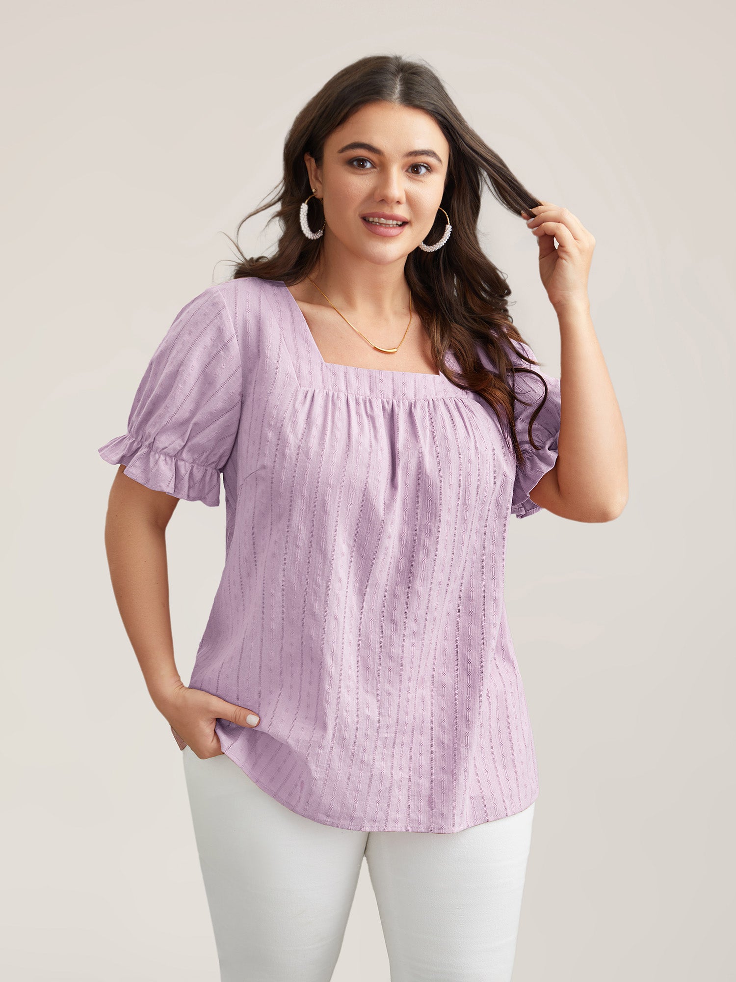 Cotton Square Neck Ruffled Sleeve Shirt