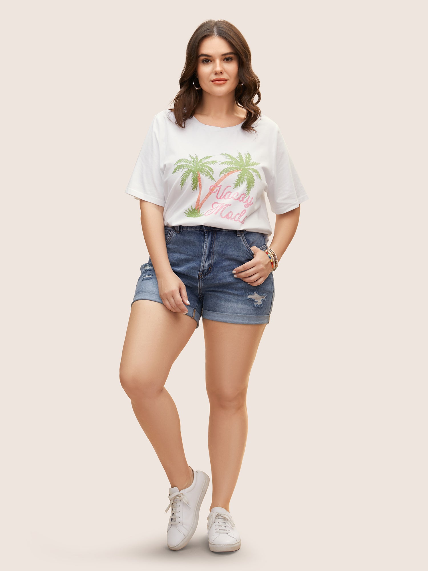 Cotton Vacation Tropical Print Round Neck T-shirt