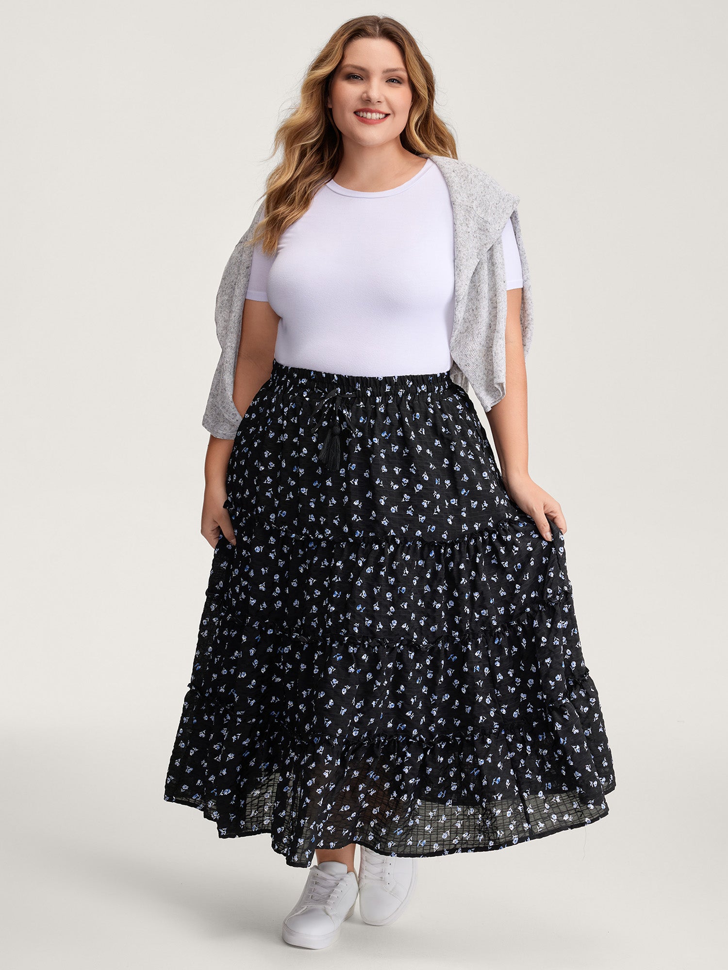 Floral Print Bowknot Tiered Maxi Skirt