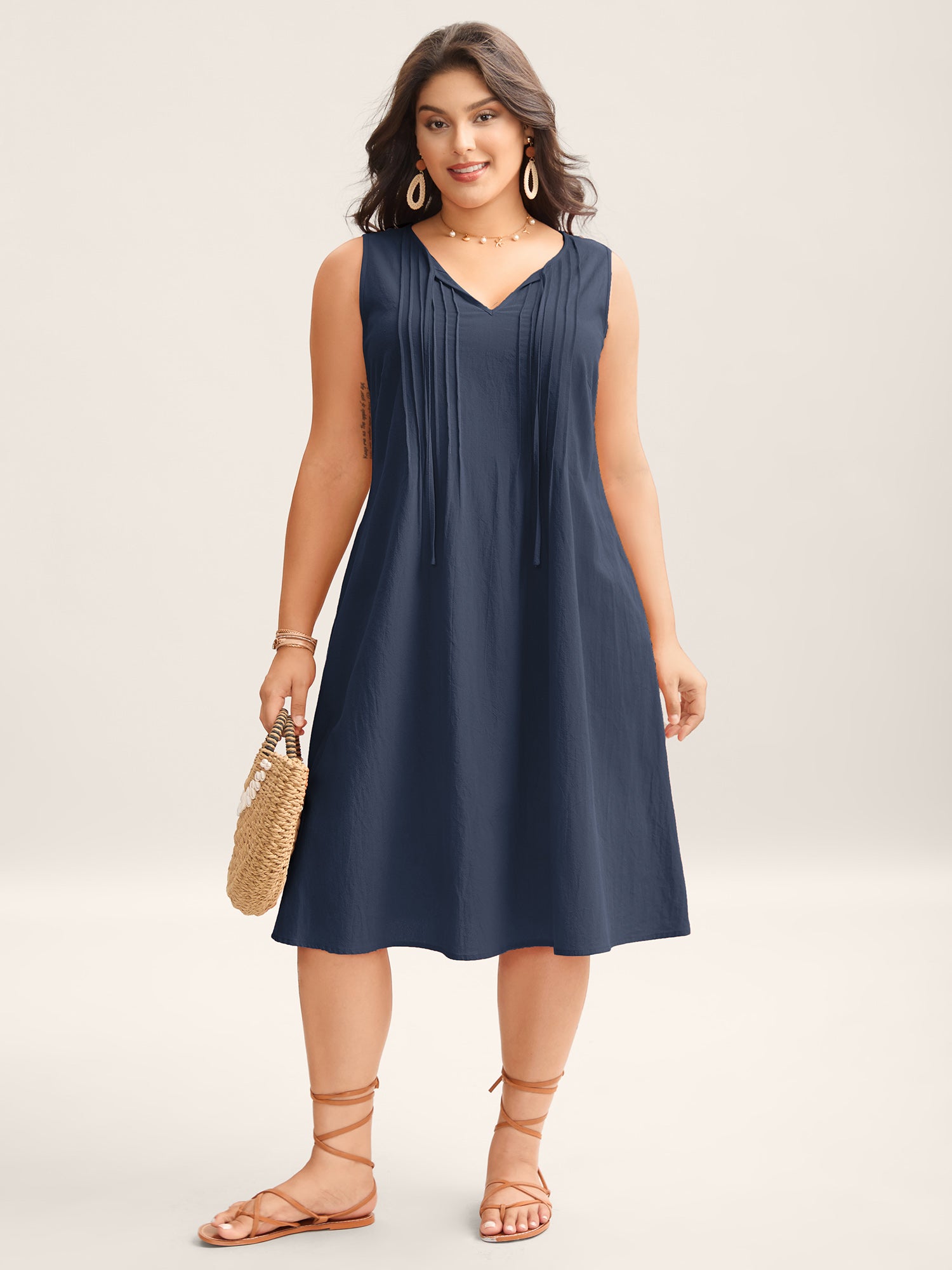 Cotton Toothpick Pleat Plain Midi Dress
