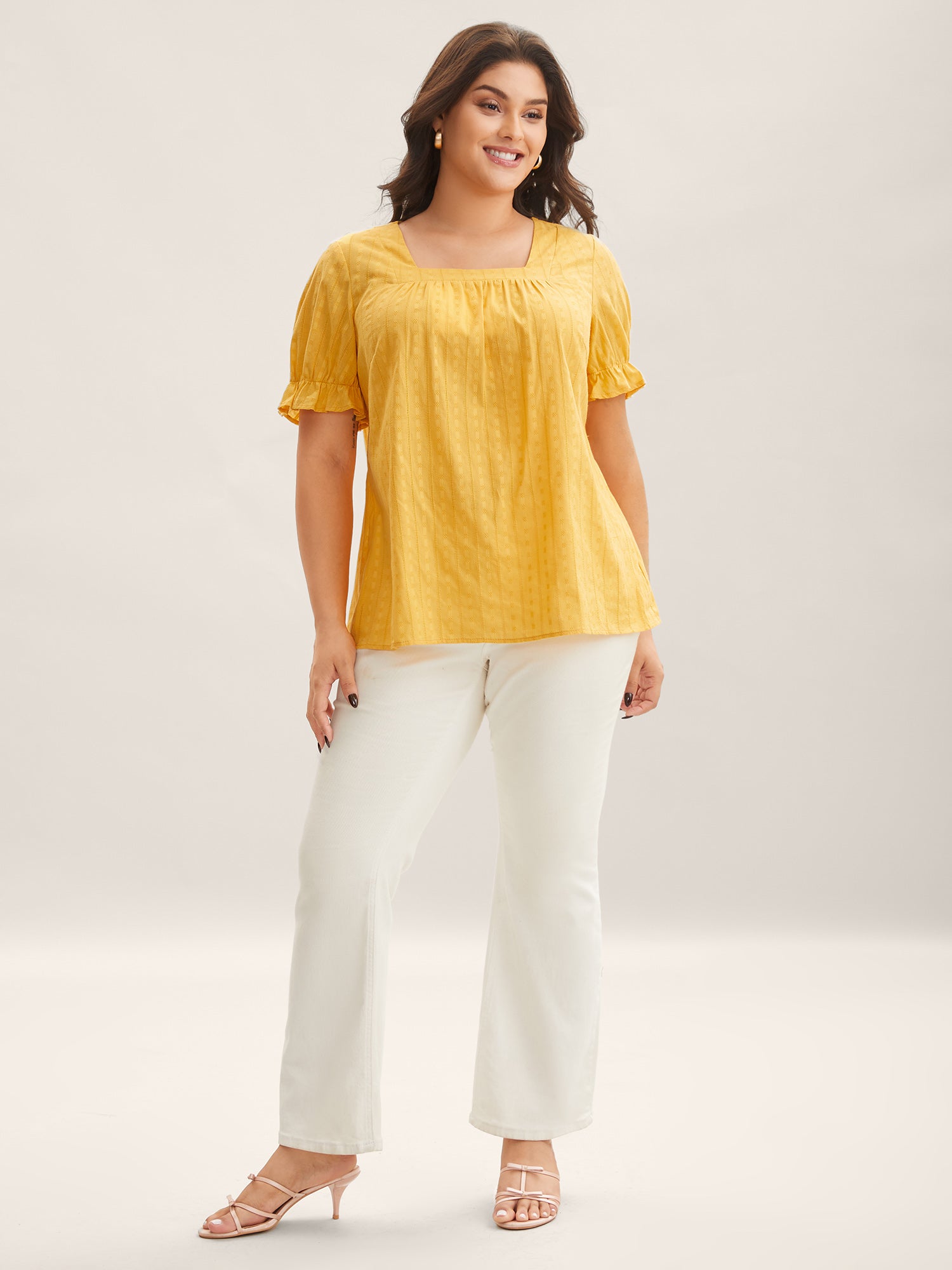 Cotton Square Neck Ruffled Sleeve Shirt