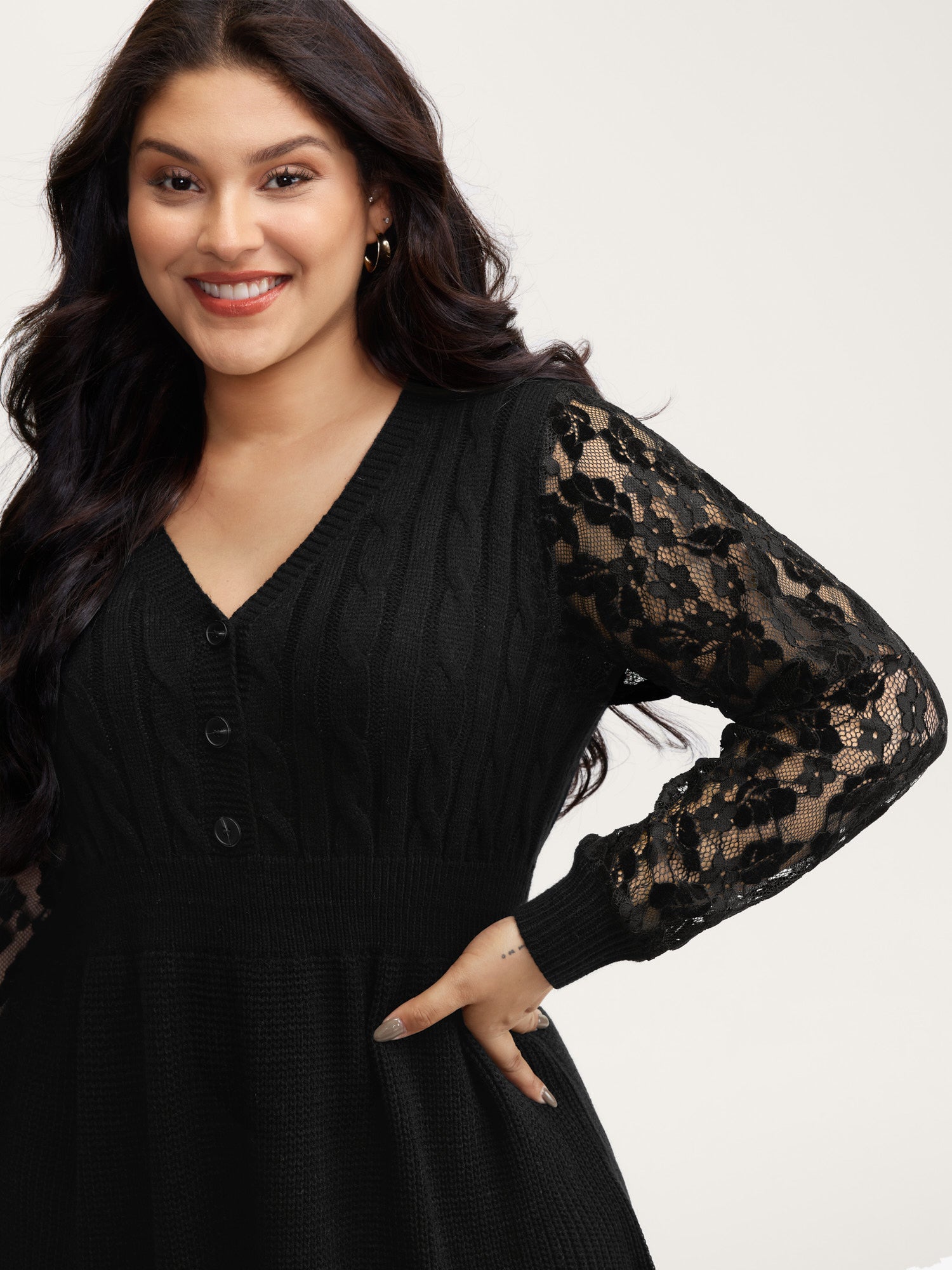 Sheer Lace Sleeve Patchwork Sweater Dress