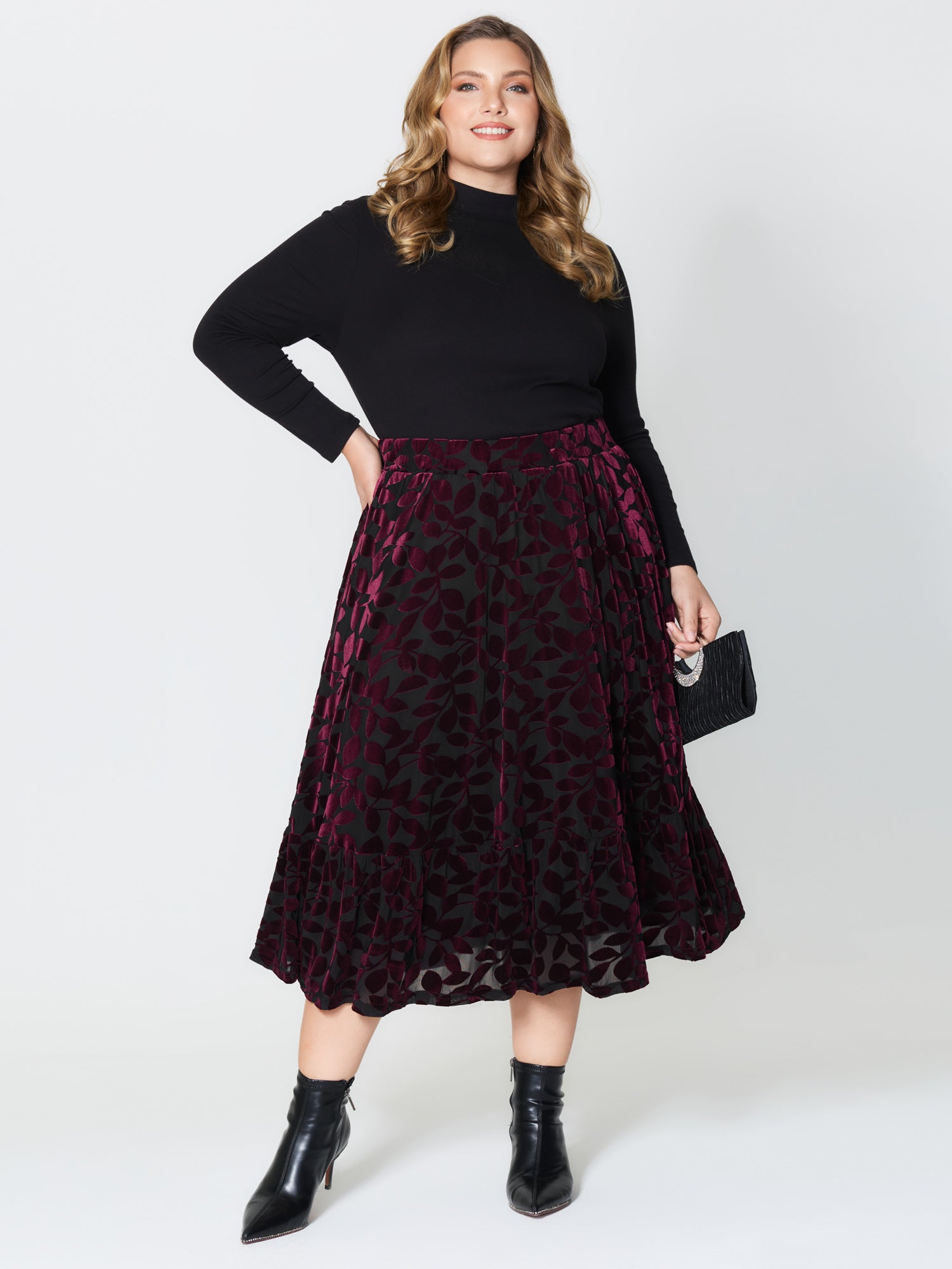 Laser-Cut Velvet Pleated Maxi Skirt
