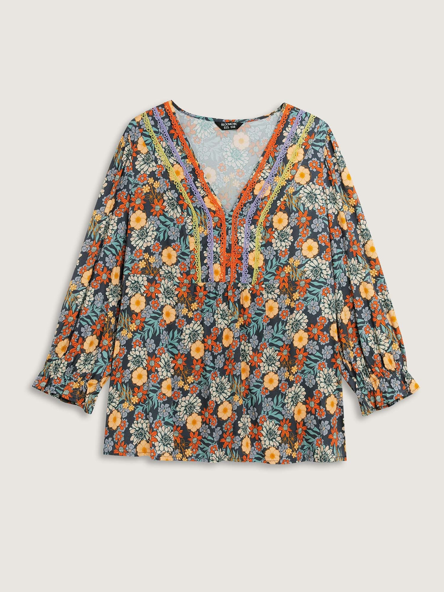 Cozy Floral Print Lace Trim Blouse