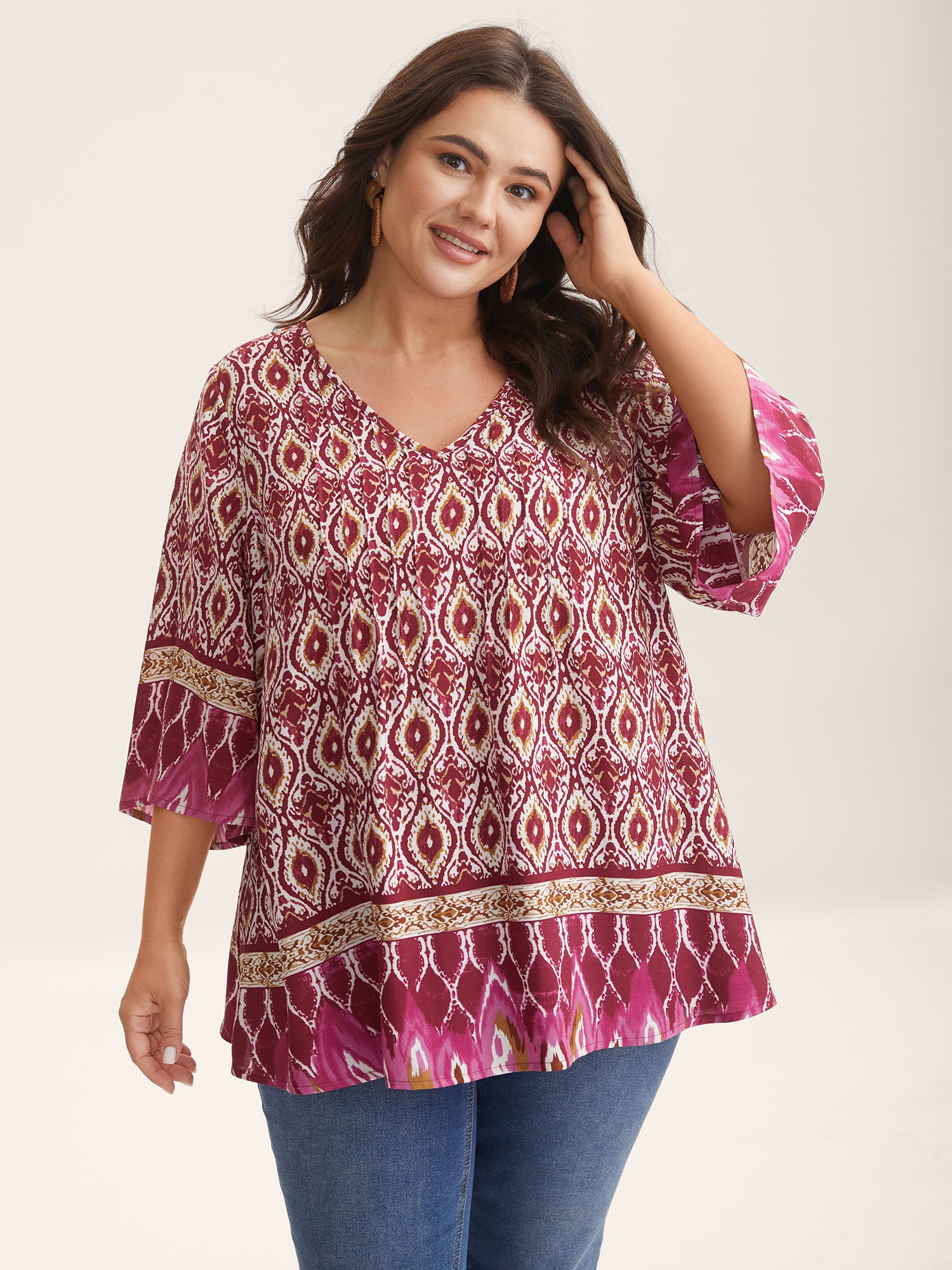 Pin-Tuck Pleat Ornate Print Relaxed Fit Shirt