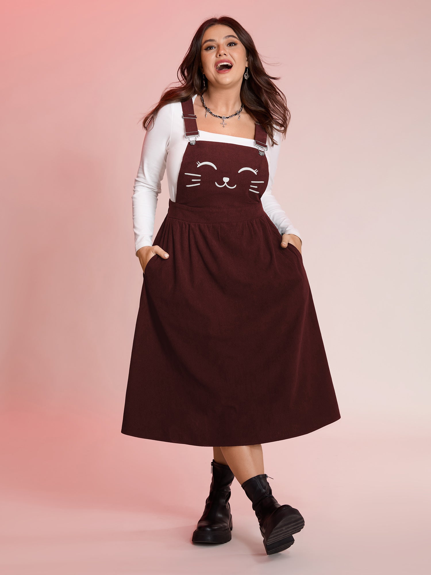 Happy Cat Embroidery Overall Straps Midi Dress