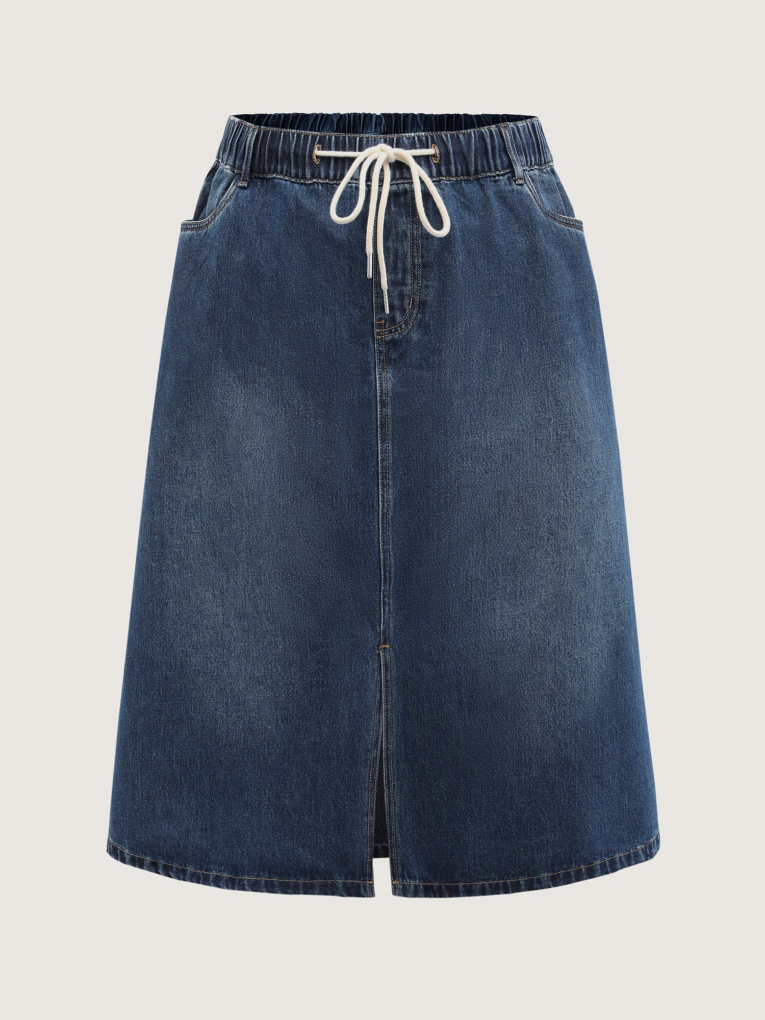Drawstring Front Slit Stretchy Waist Midi Denim Skirt