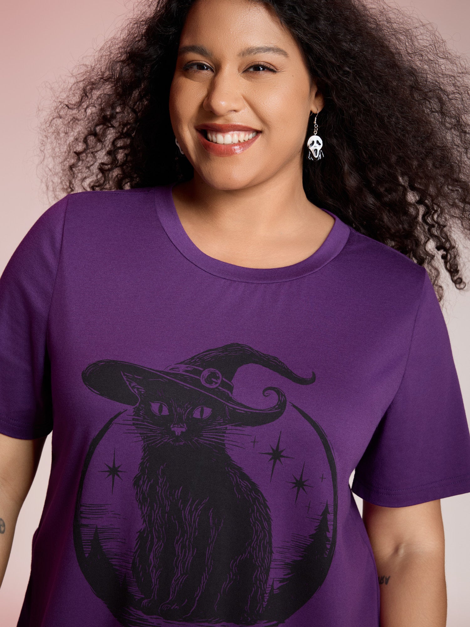 Bewitched Cat Printed Crew Neck T-shirt