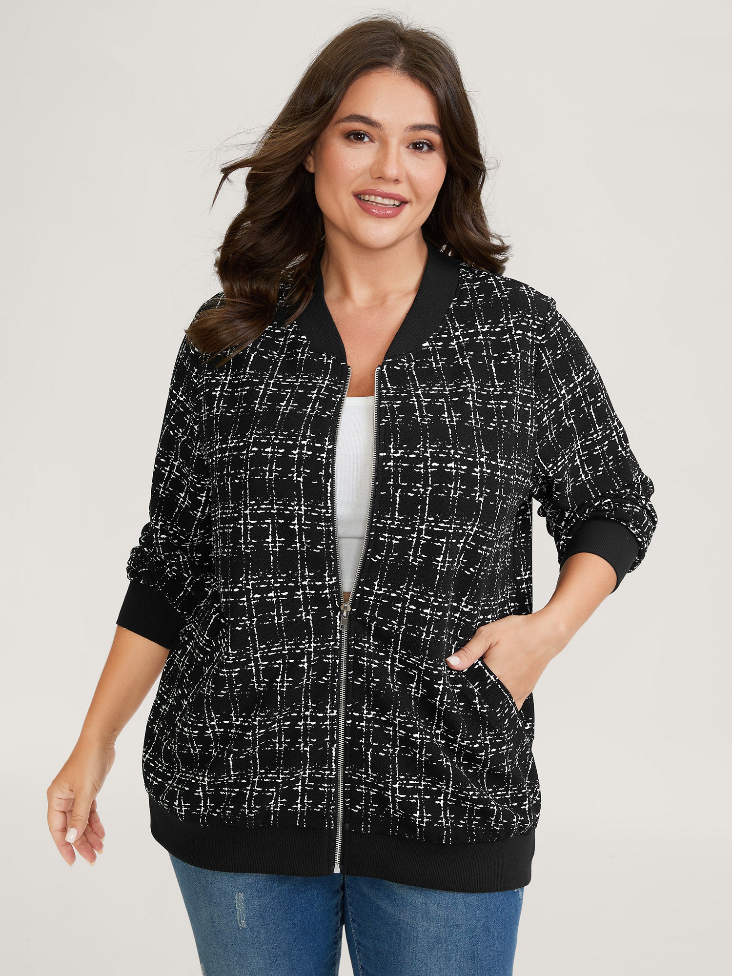 Tweed Color Contrast Zipper Jacket