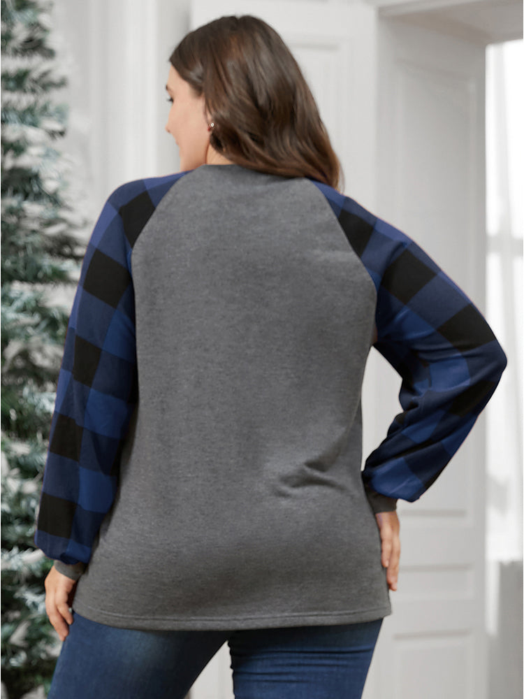 Letter Print Round Neck Plaid Long Tee