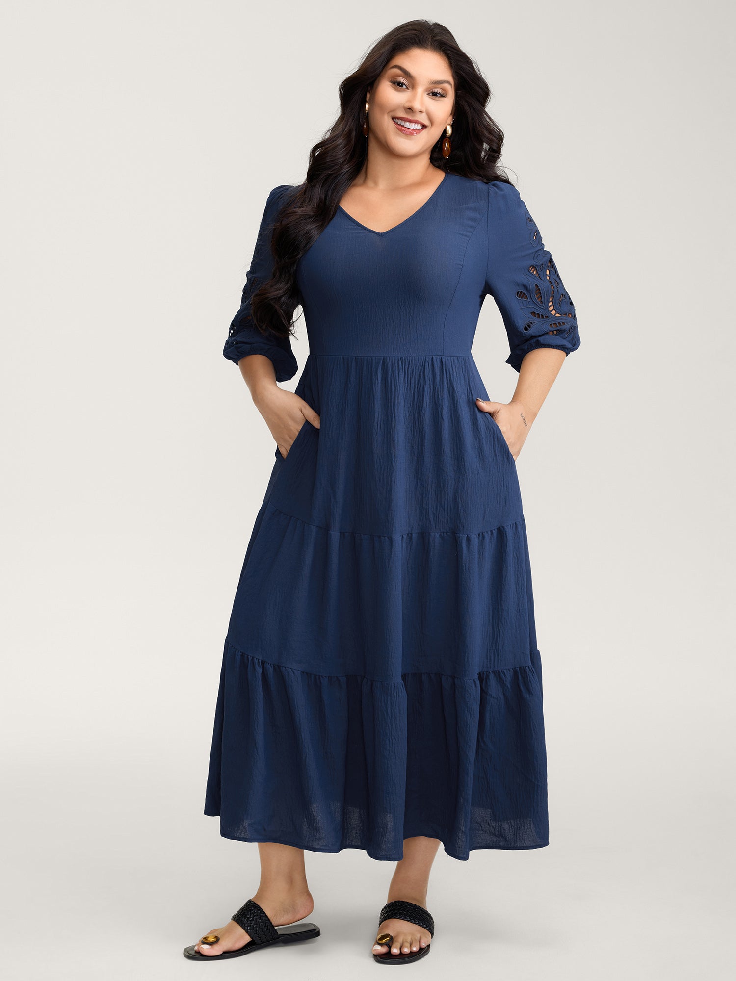 Floral Cut-Out Embroidery Tiered Maxi Dress