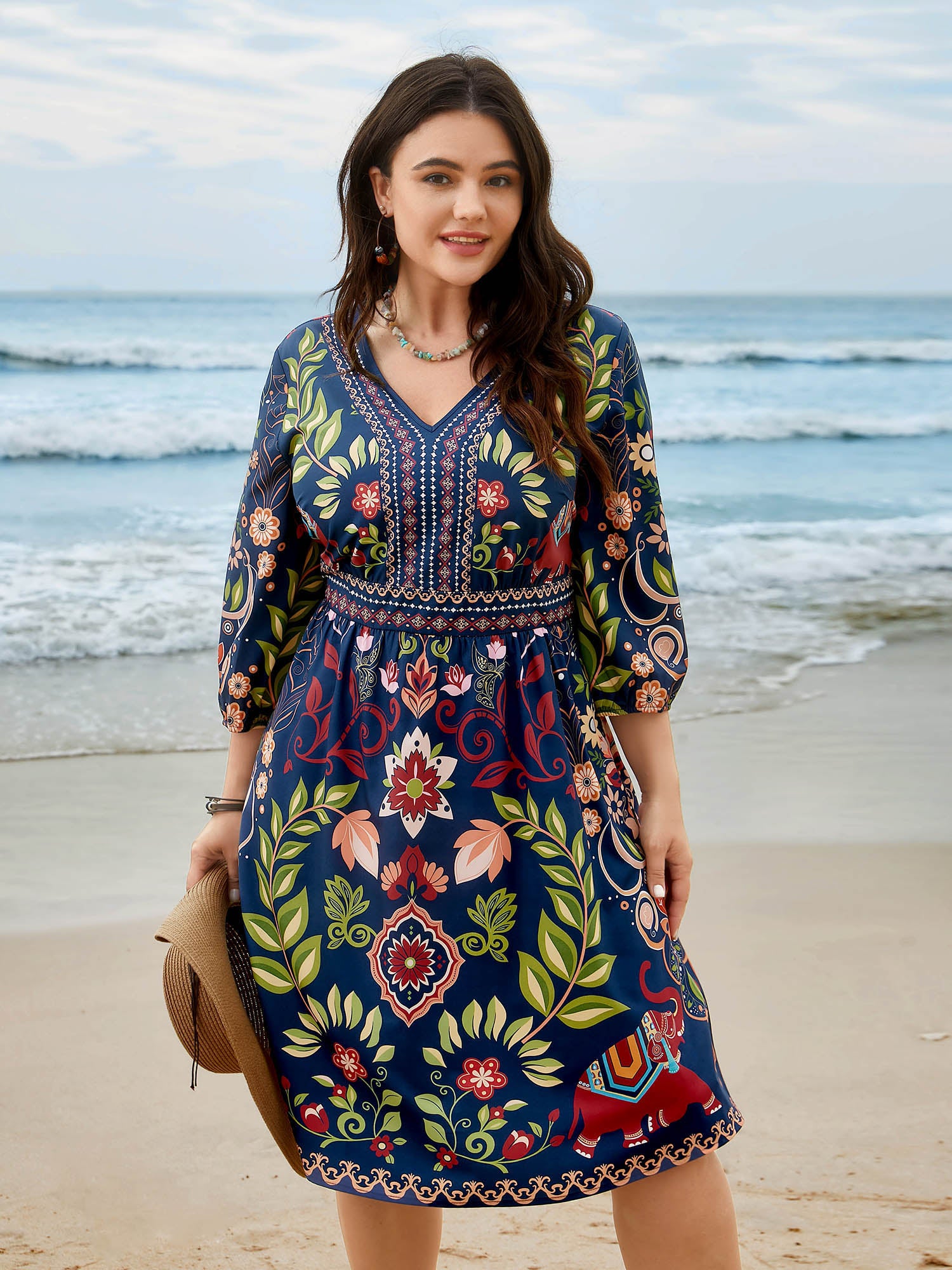 Boho Print V-Neck Pockets Midi Dress