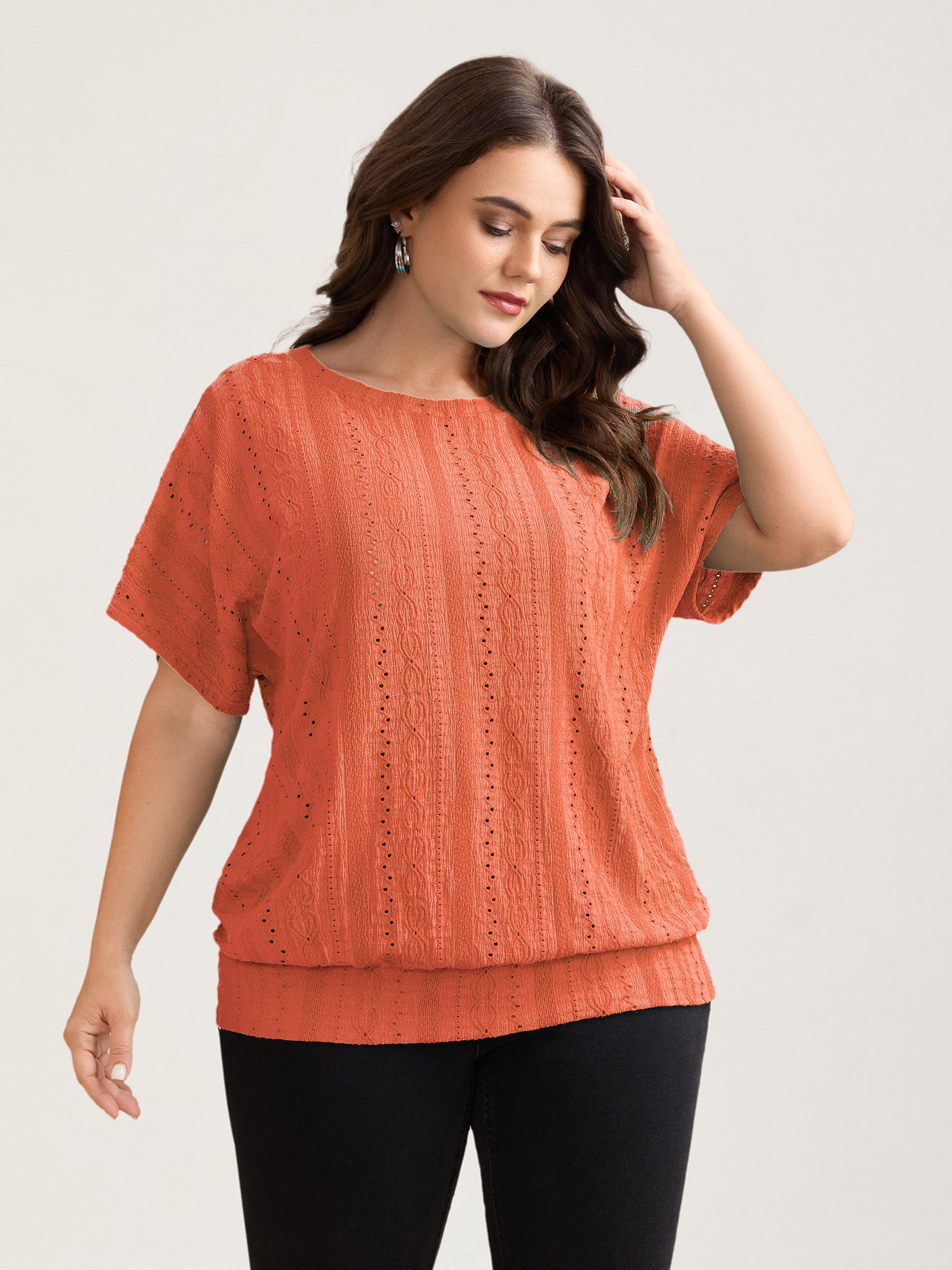 Eyelet Trim Stretchy Textured Plain Top