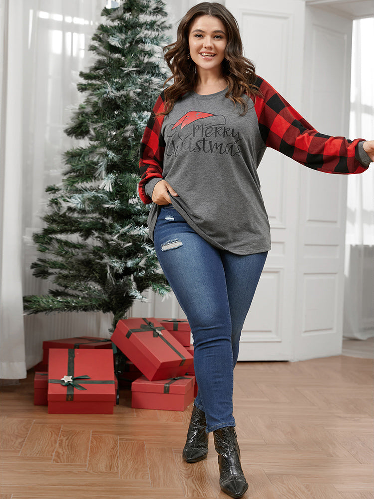 Letter Print Round Neck Plaid Long Tee