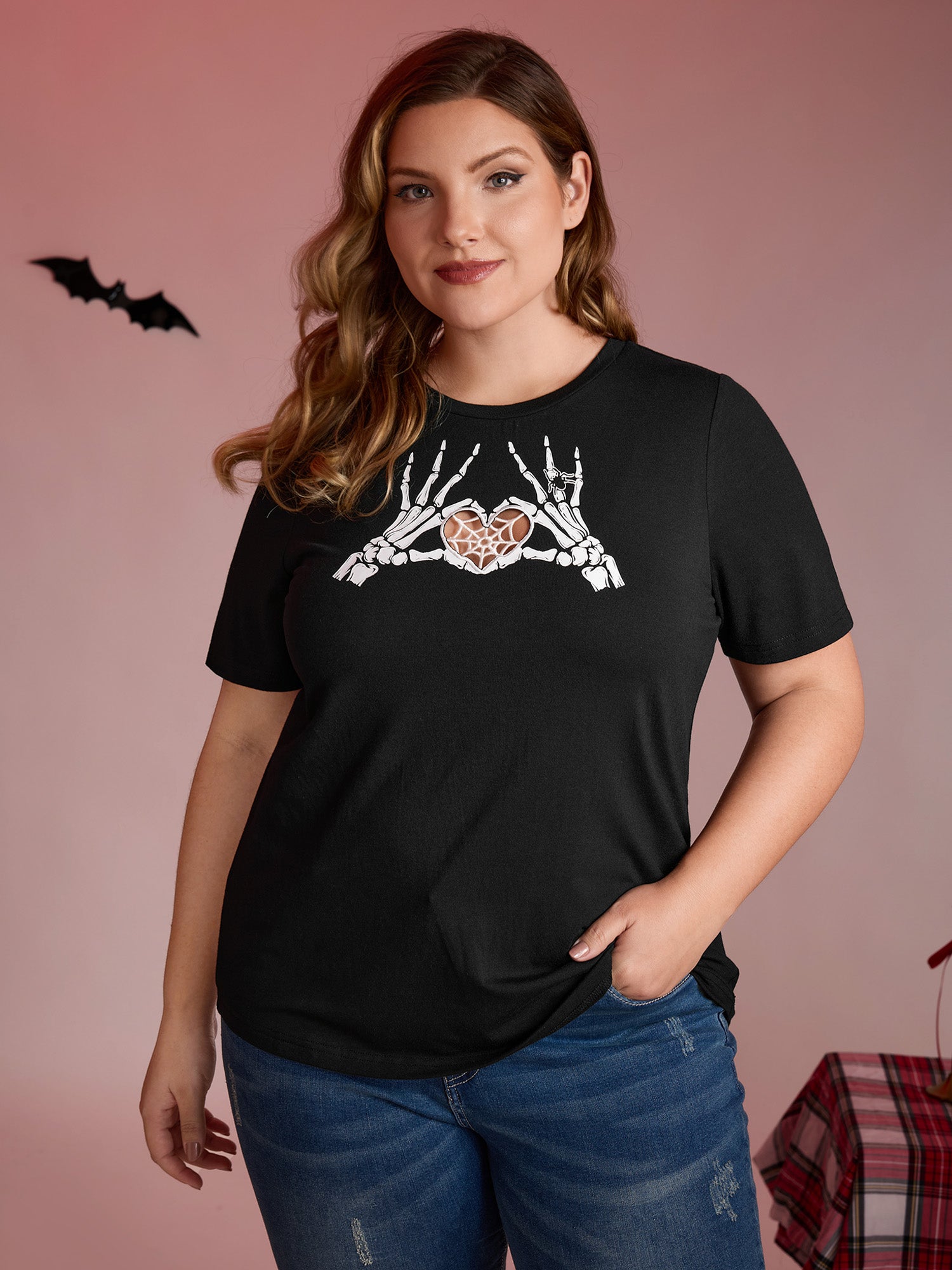 Skeleton Heart Embroidered Cut-Out T-Shirt
