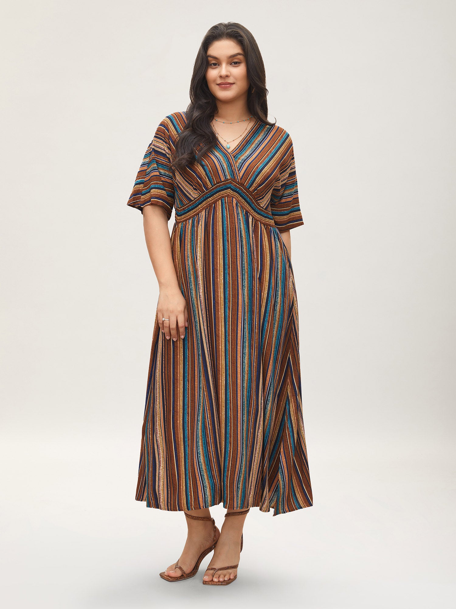 Striped Contrast Dolman Sleeve Shirred Pocket Split Flutter Dress