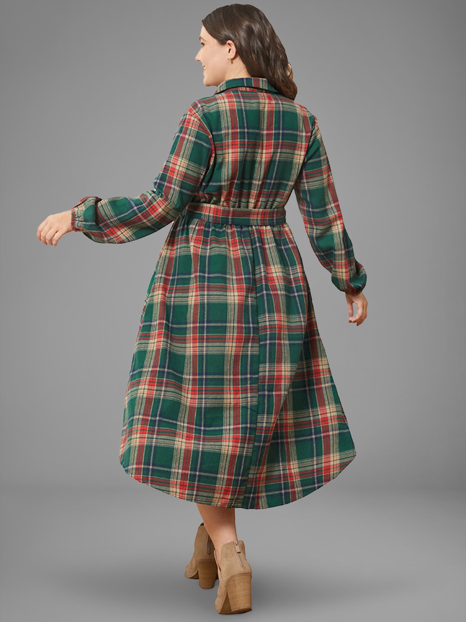 Plaid Button Detail Pocket Belted Arc Hem Dress