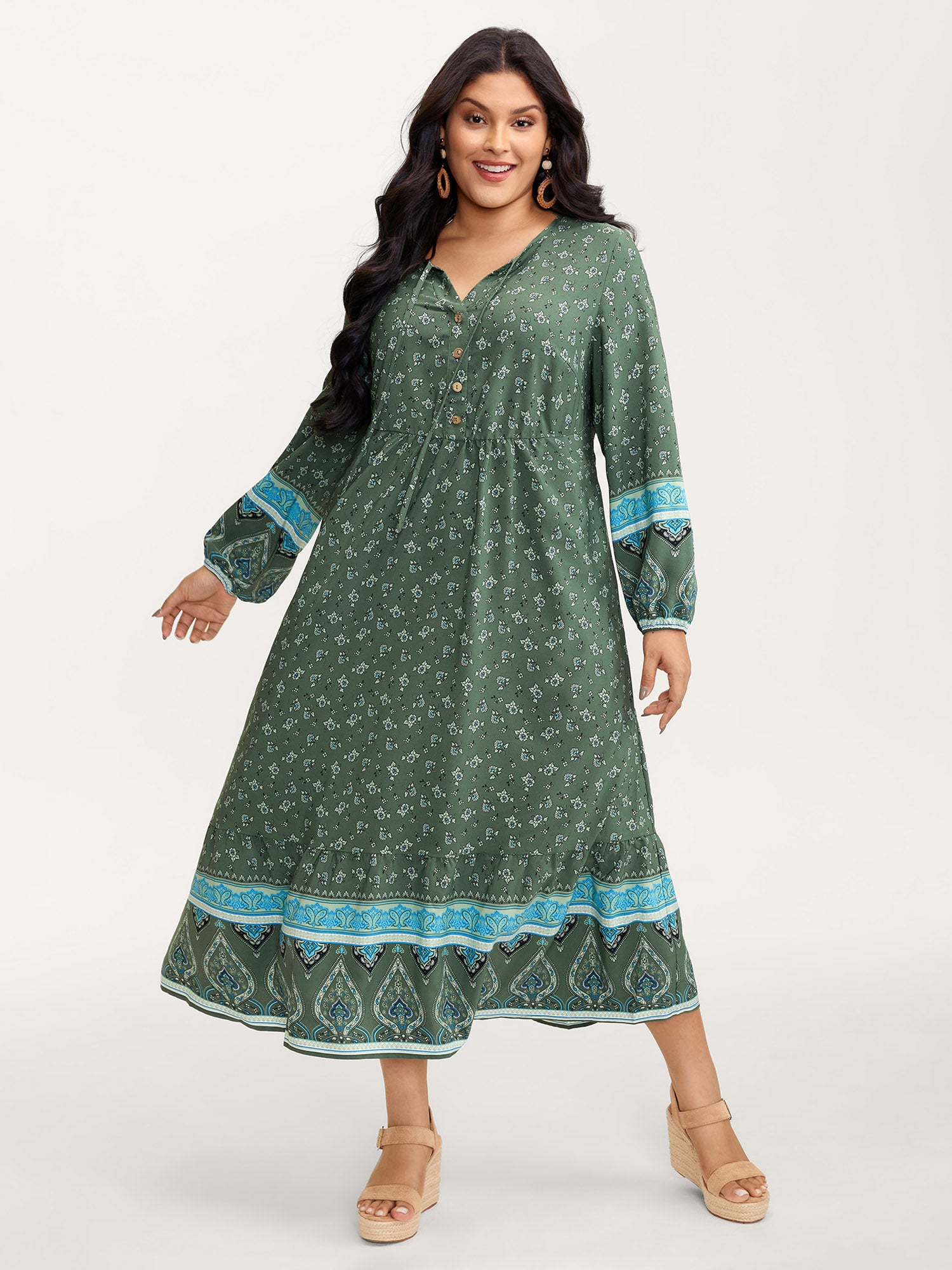 Floral Print Long Sleeve Contrast Maxi Dress