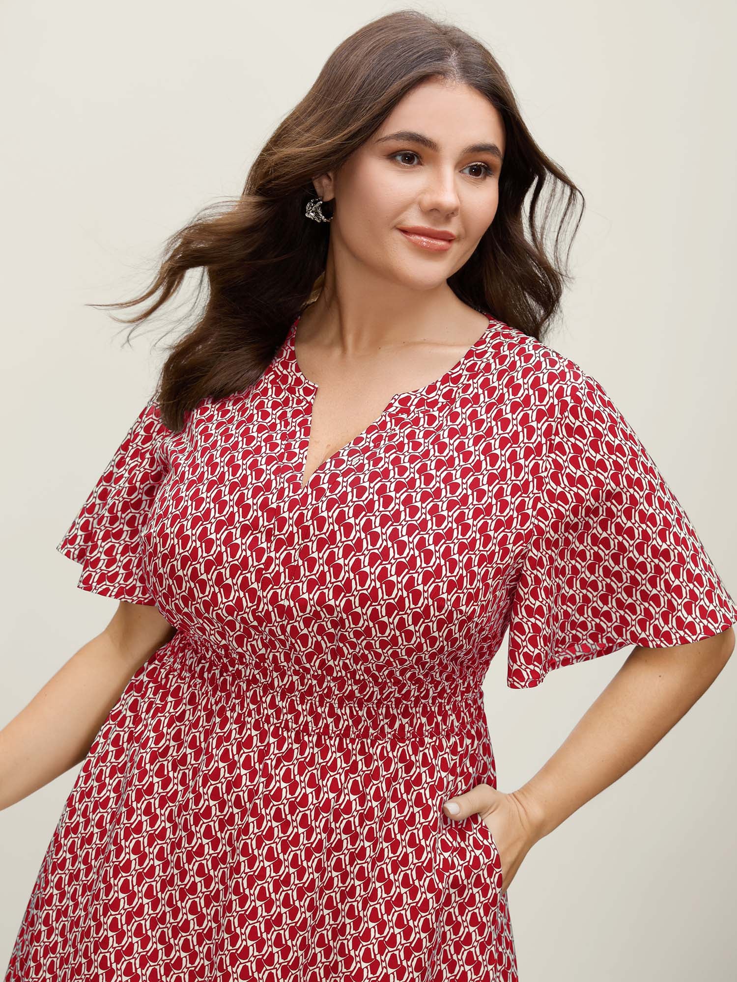 Geometric Print Waist-Cinched Tiered Midi Dress