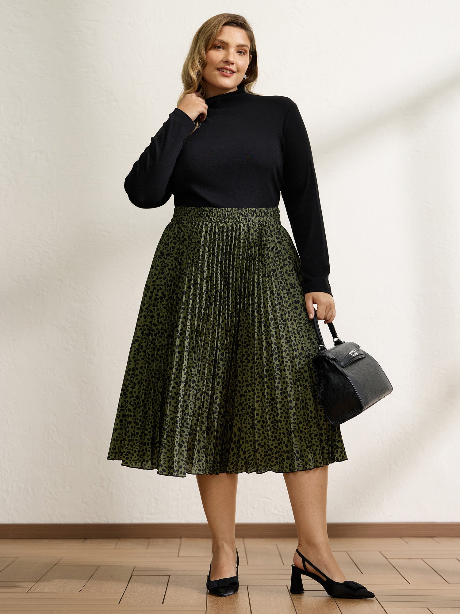 Monochrome Polka Dots Pleated Midi Skirt