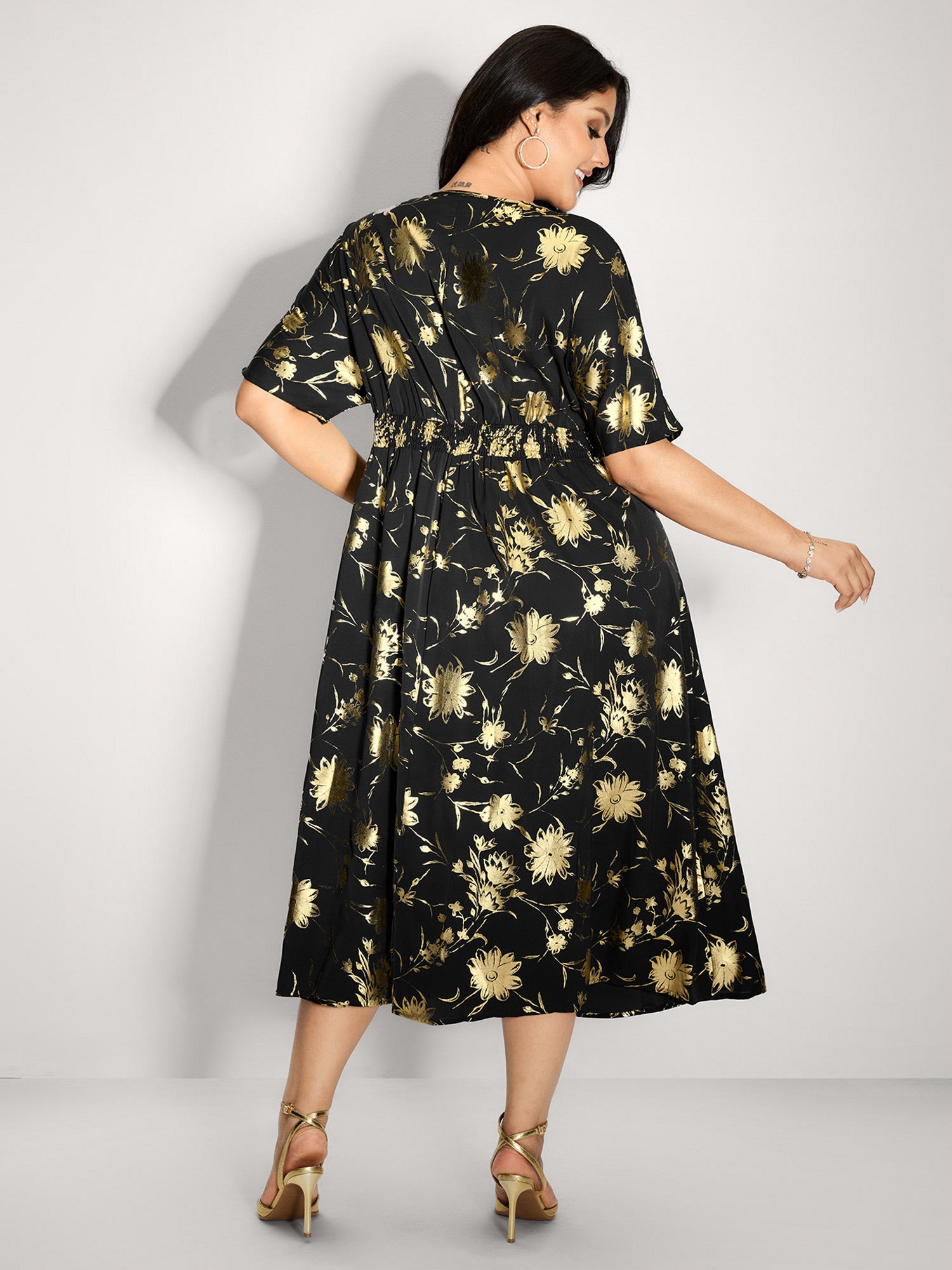 Gold Stamp Shirred Back-Waist Maxi Dress