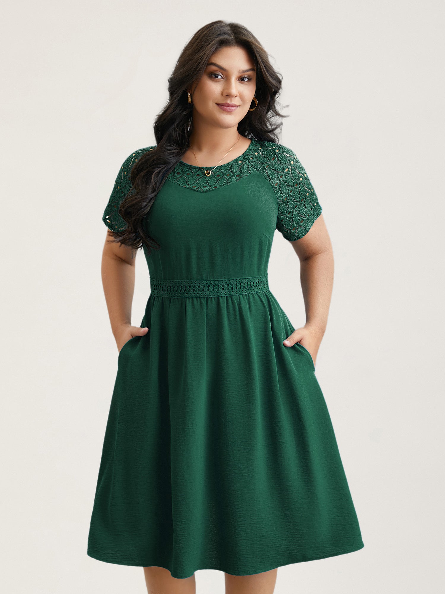 Lace Cut-Out Raglan Sleeve Pockets Midi Dress