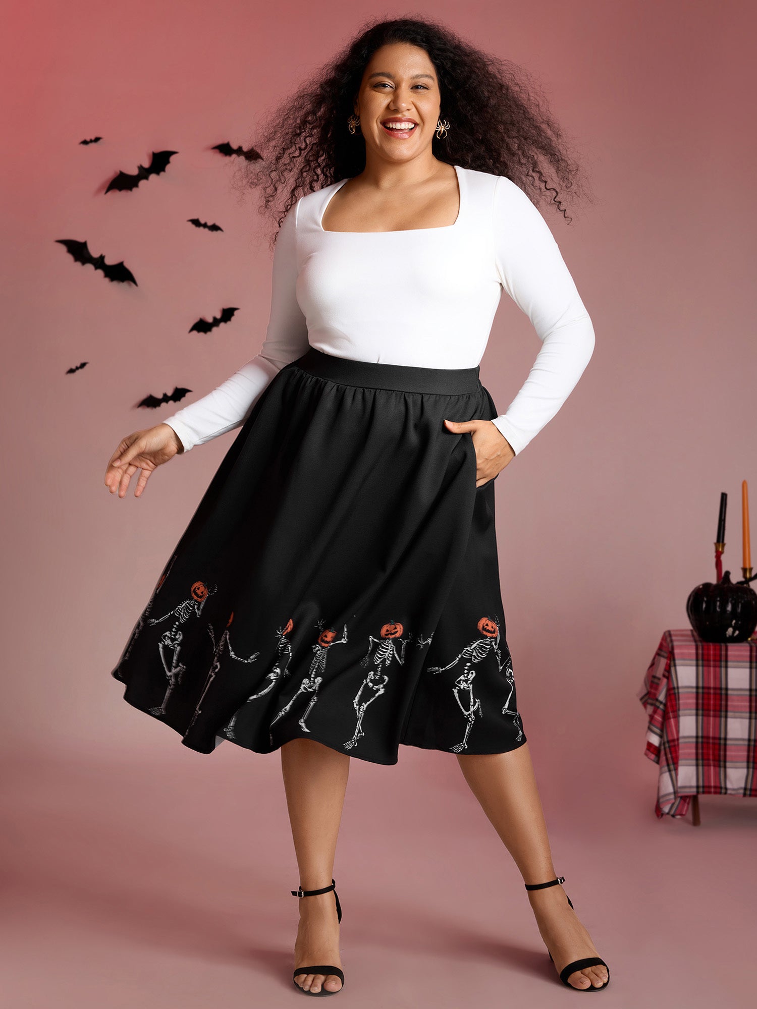 Pumpkin Head Skeleton Print Flared Midi Dress