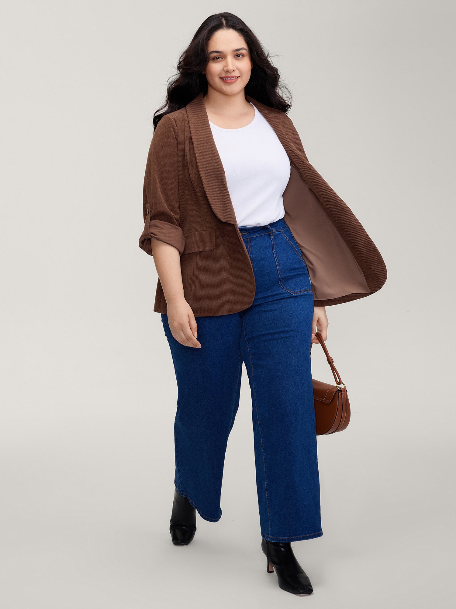 Corduroy Gathered Sleeve Ribbed Collar Blazer