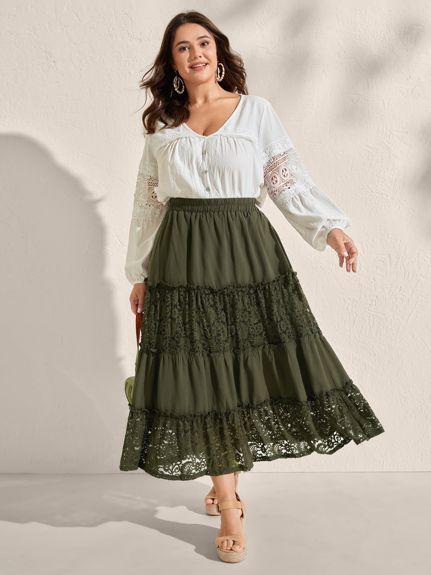 Lace Trim Flowy Tiered Maxi Skirt