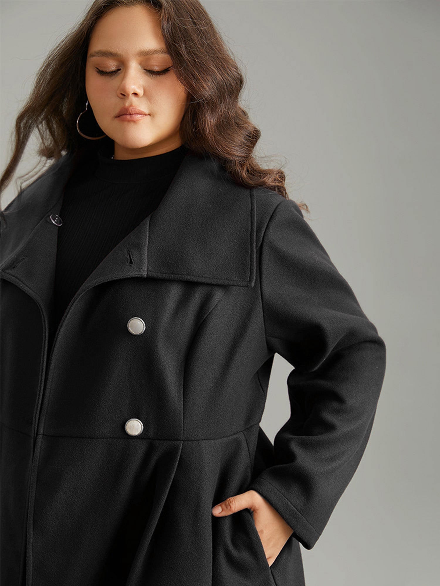 Plain Button Up Pocket Asymmetrical Lapel Collar Coat