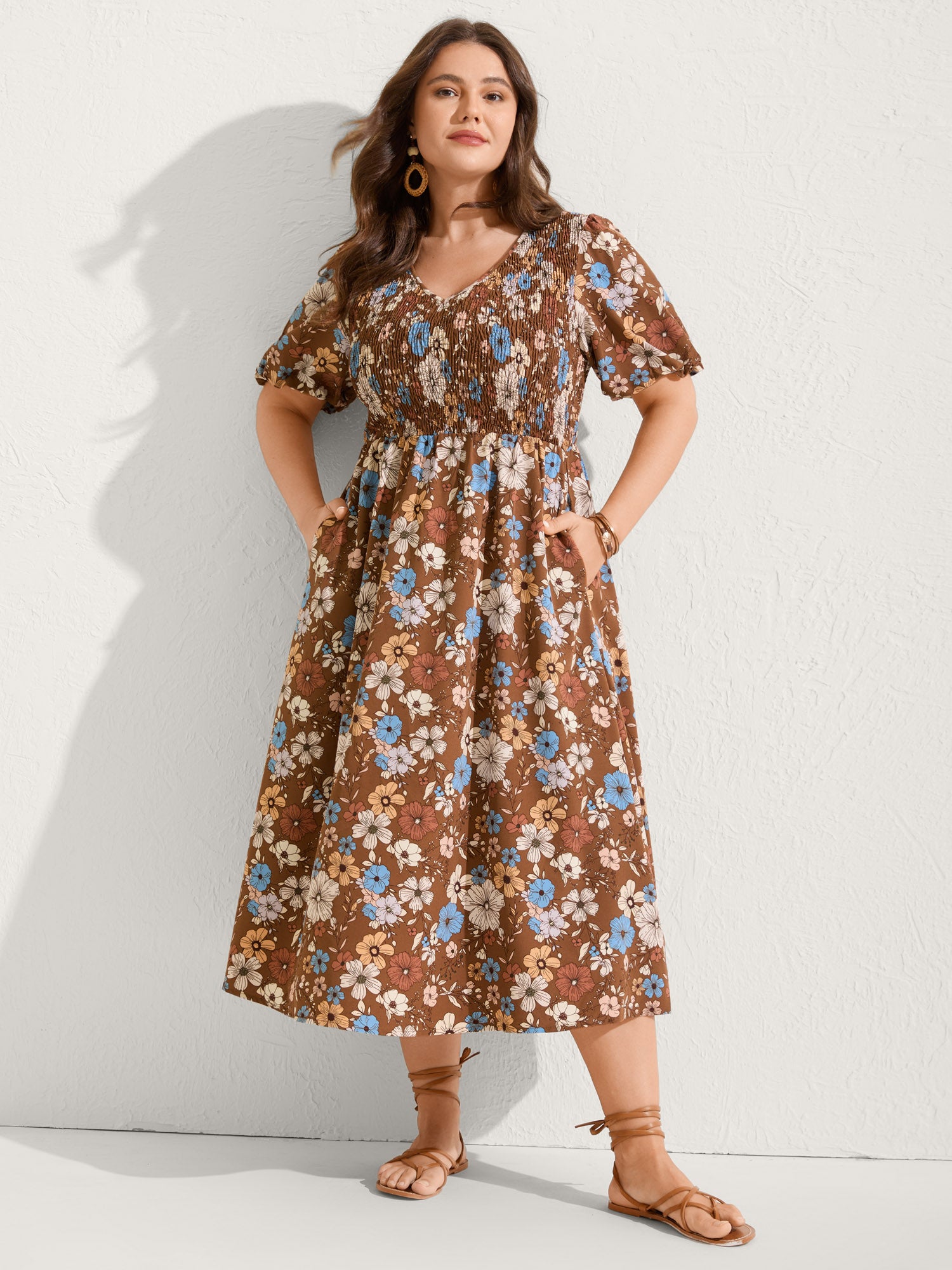 Fall Florals Shirred Bodice Midi Dress
