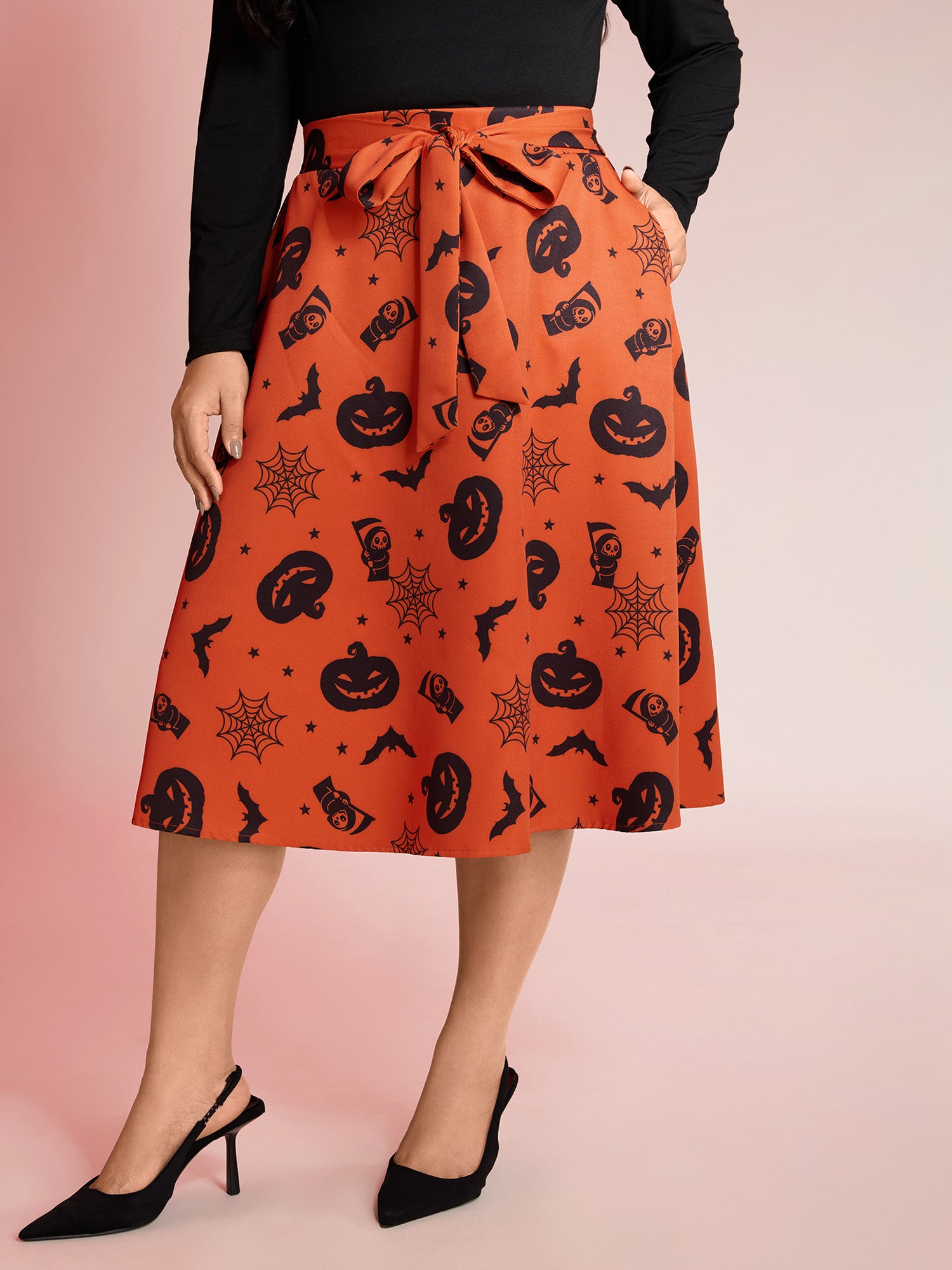 Pumpkin Print Belted Maxi Skirt