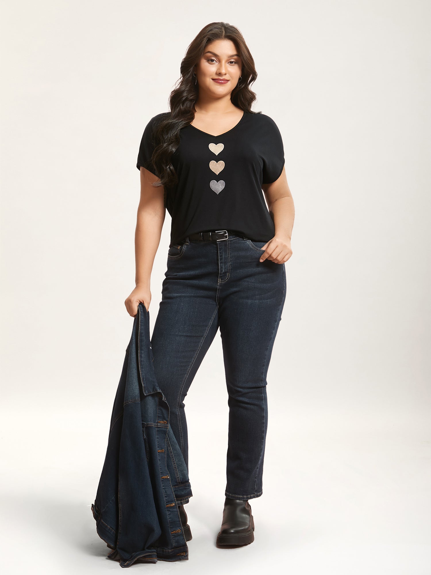 Heart Print Stretchy Dolman Sleeve T-Shirt