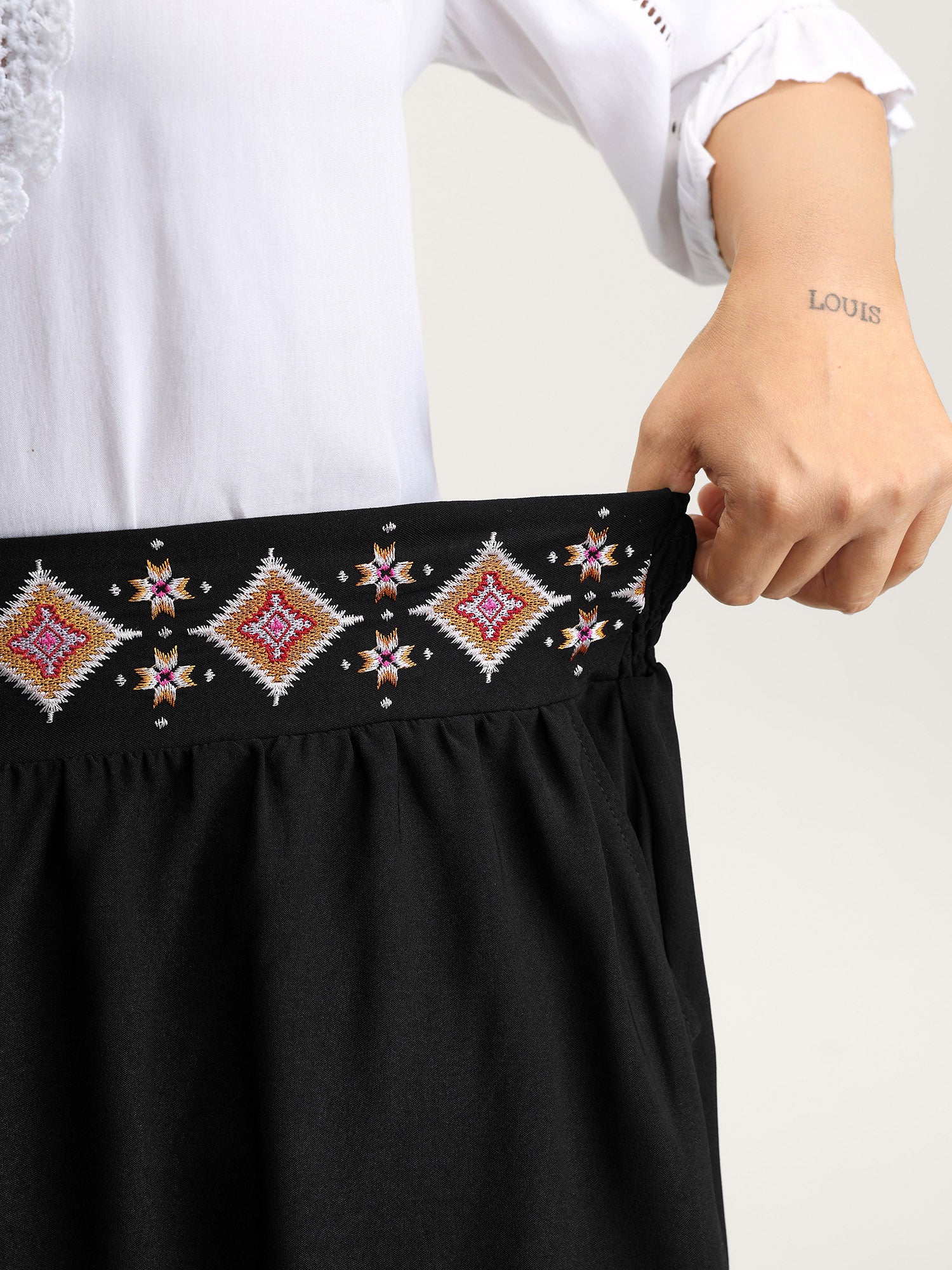 Boho Embroidered Wide Waistband Tiered Maxi Skirt